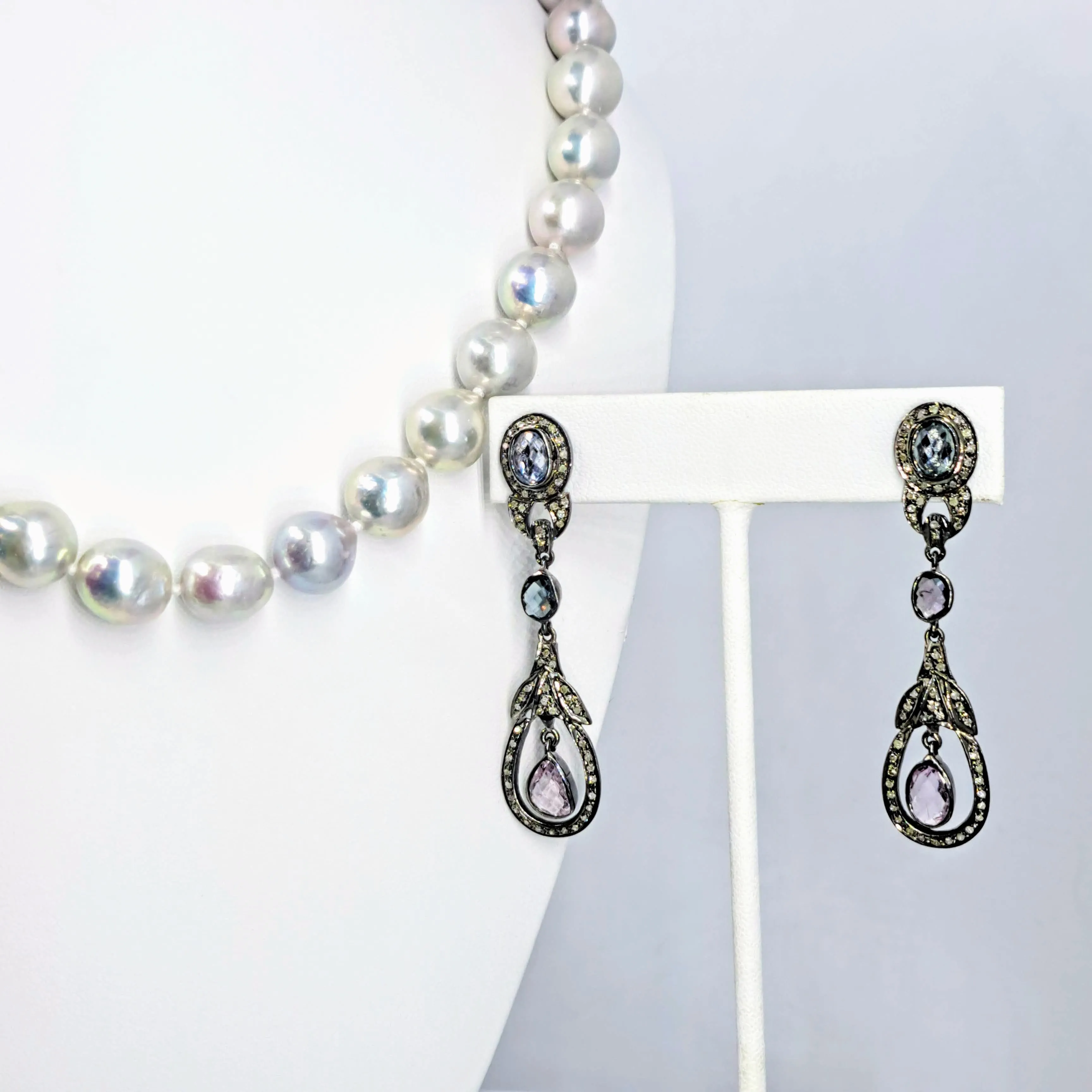 "Deco Darlings" 2.25" Earrings - Sapphire, Diamonds, Oxidized Sterling