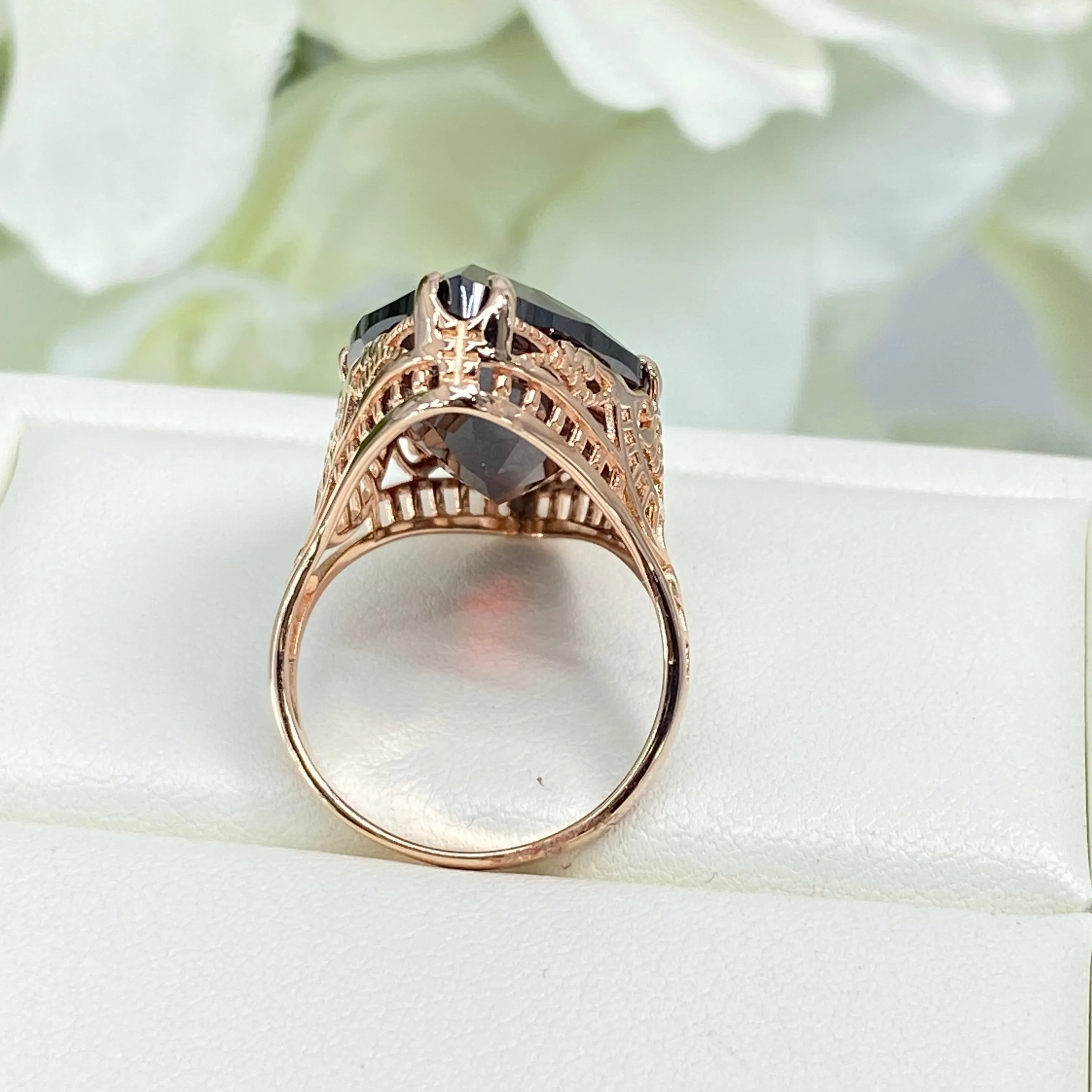Red Garnet CZ Ring, Marquise Cut Gemstone, Rose Gold plated Victorian Filigree Jewelry #D75
