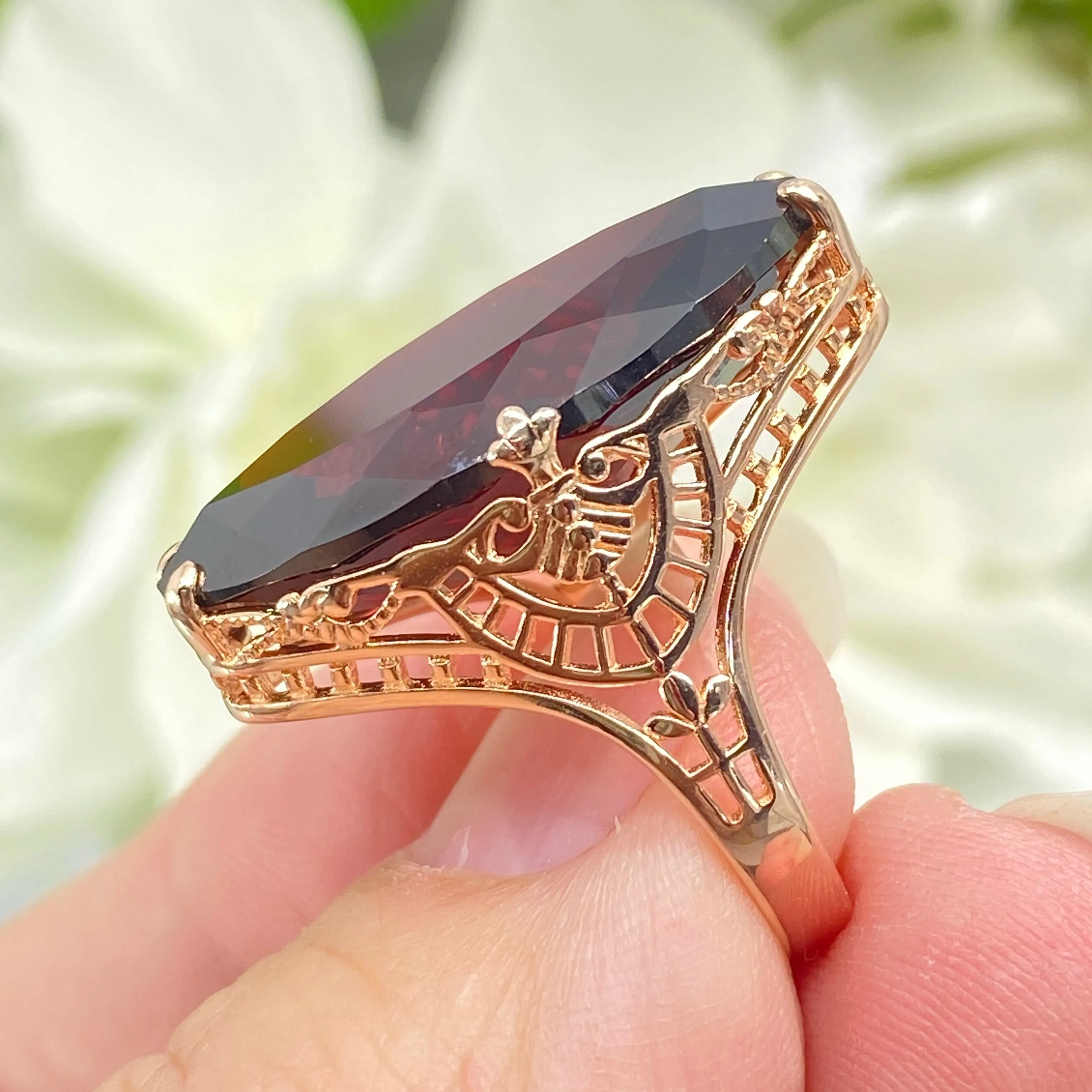 Red Garnet CZ Ring, Marquise Cut Gemstone, Rose Gold plated Victorian Filigree Jewelry #D75