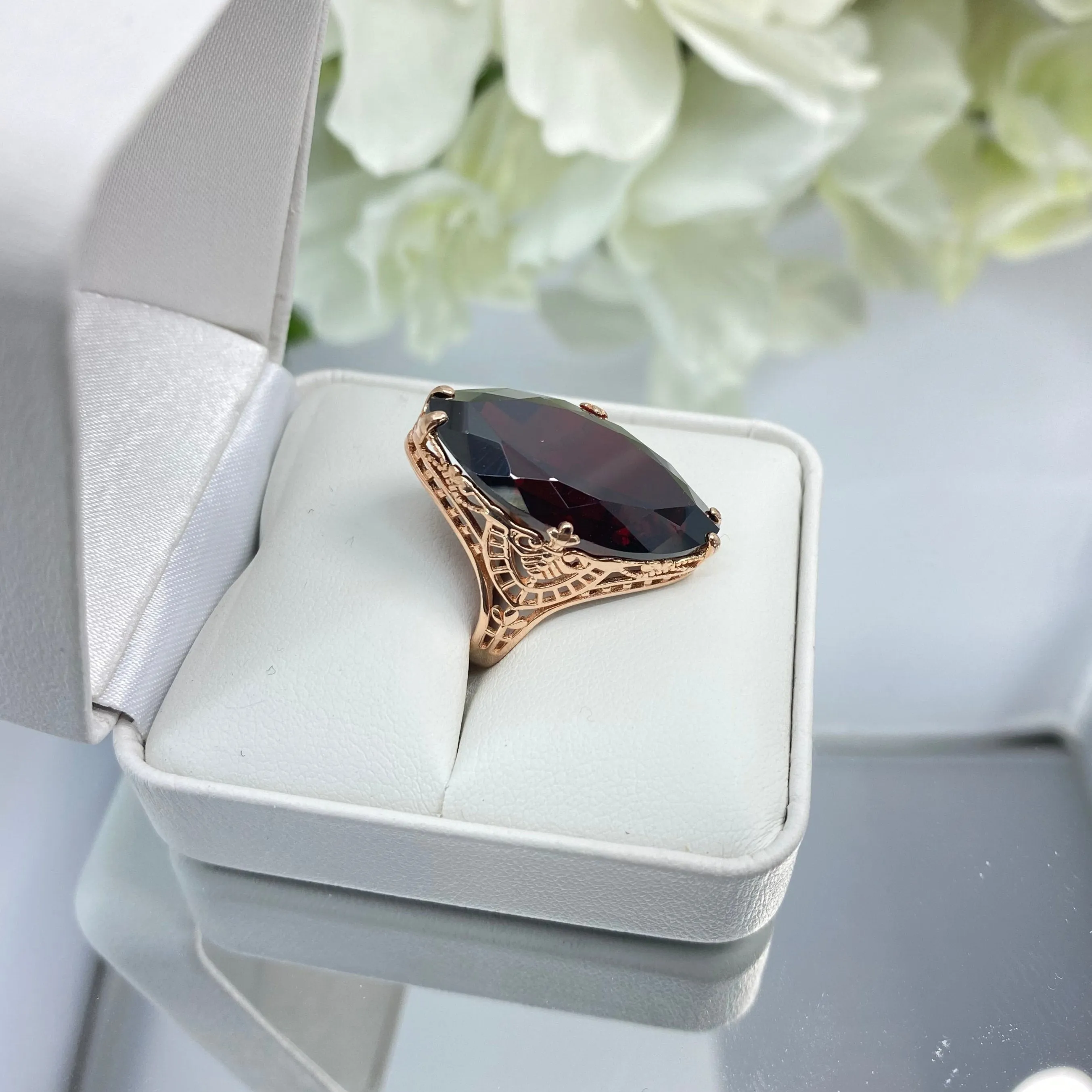 Red Garnet CZ Ring, Marquise Cut Gemstone, Rose Gold plated Victorian Filigree Jewelry #D75