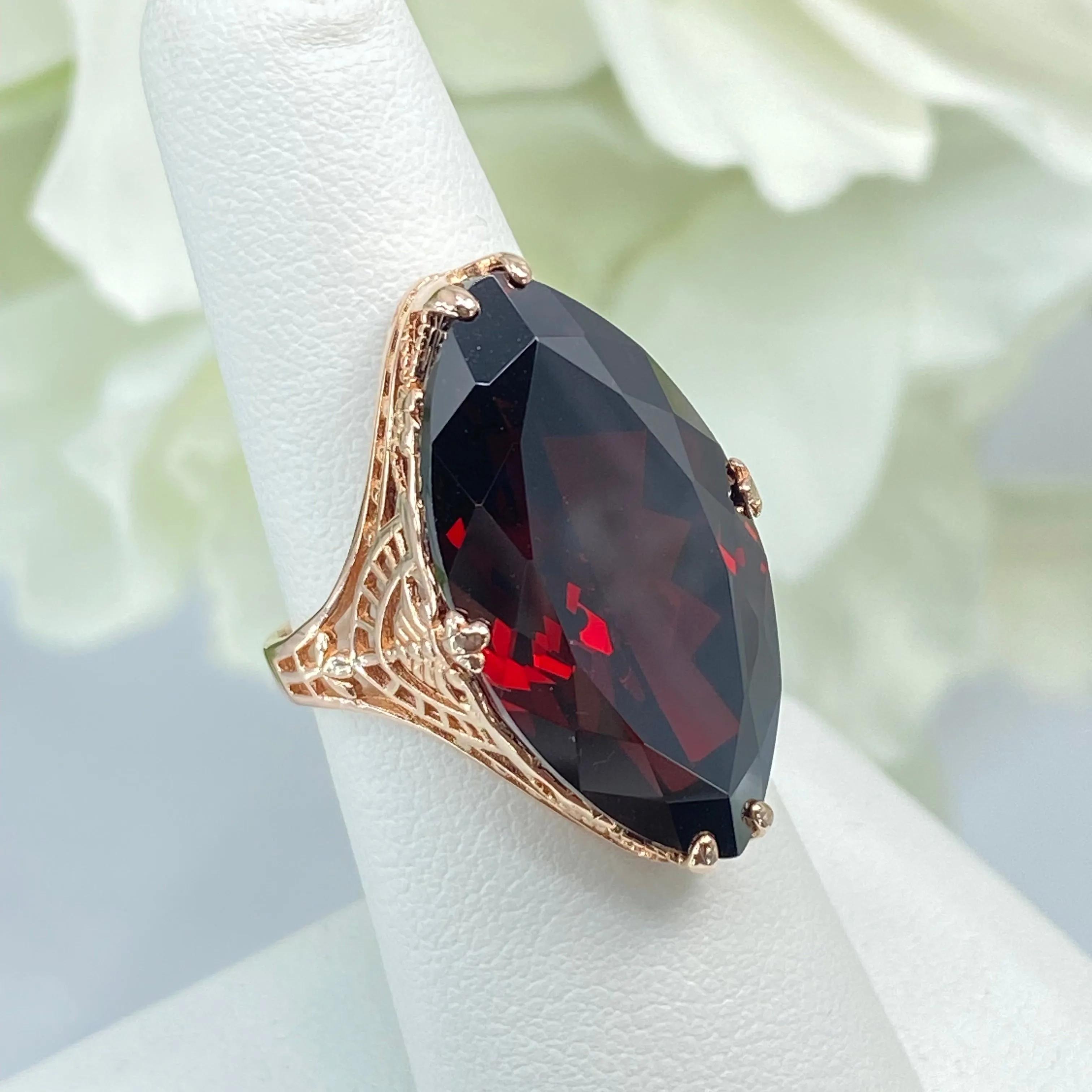 Red Garnet CZ Ring, Marquise Cut Gemstone, Rose Gold plated Victorian Filigree Jewelry #D75