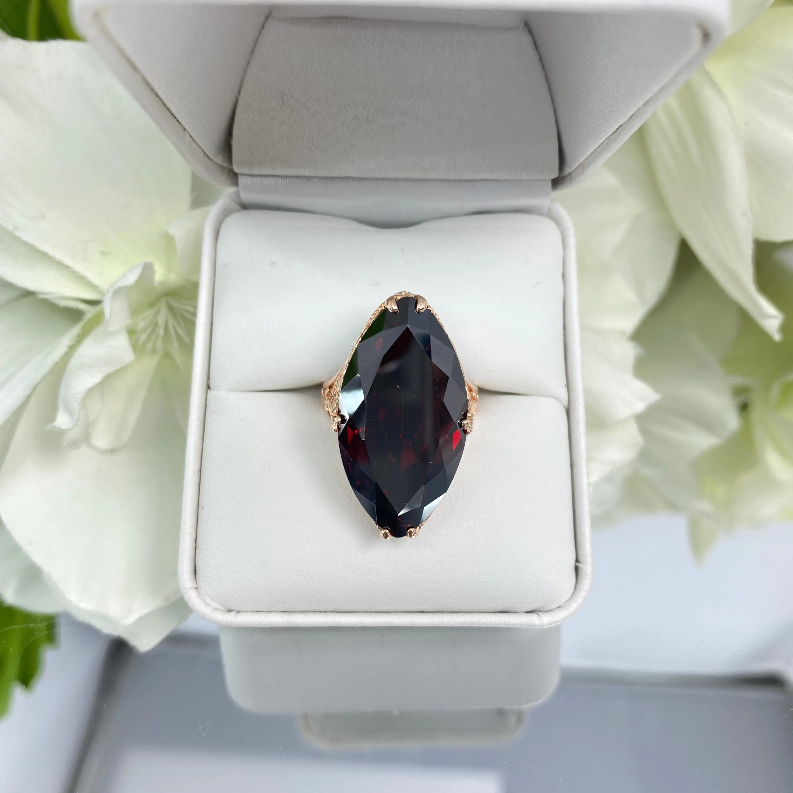 Red Garnet CZ Ring, Marquise Cut Gemstone, Rose Gold plated Victorian Filigree Jewelry #D75