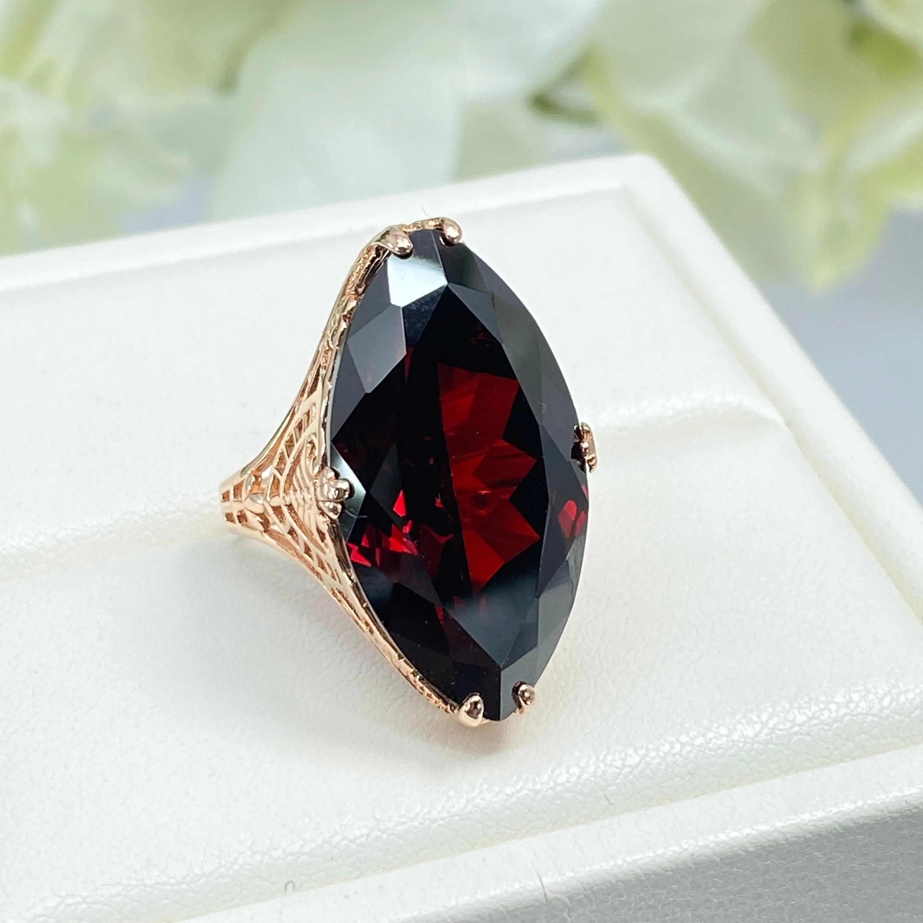Red Garnet CZ Ring, Marquise Cut Gemstone, Rose Gold plated Victorian Filigree Jewelry #D75