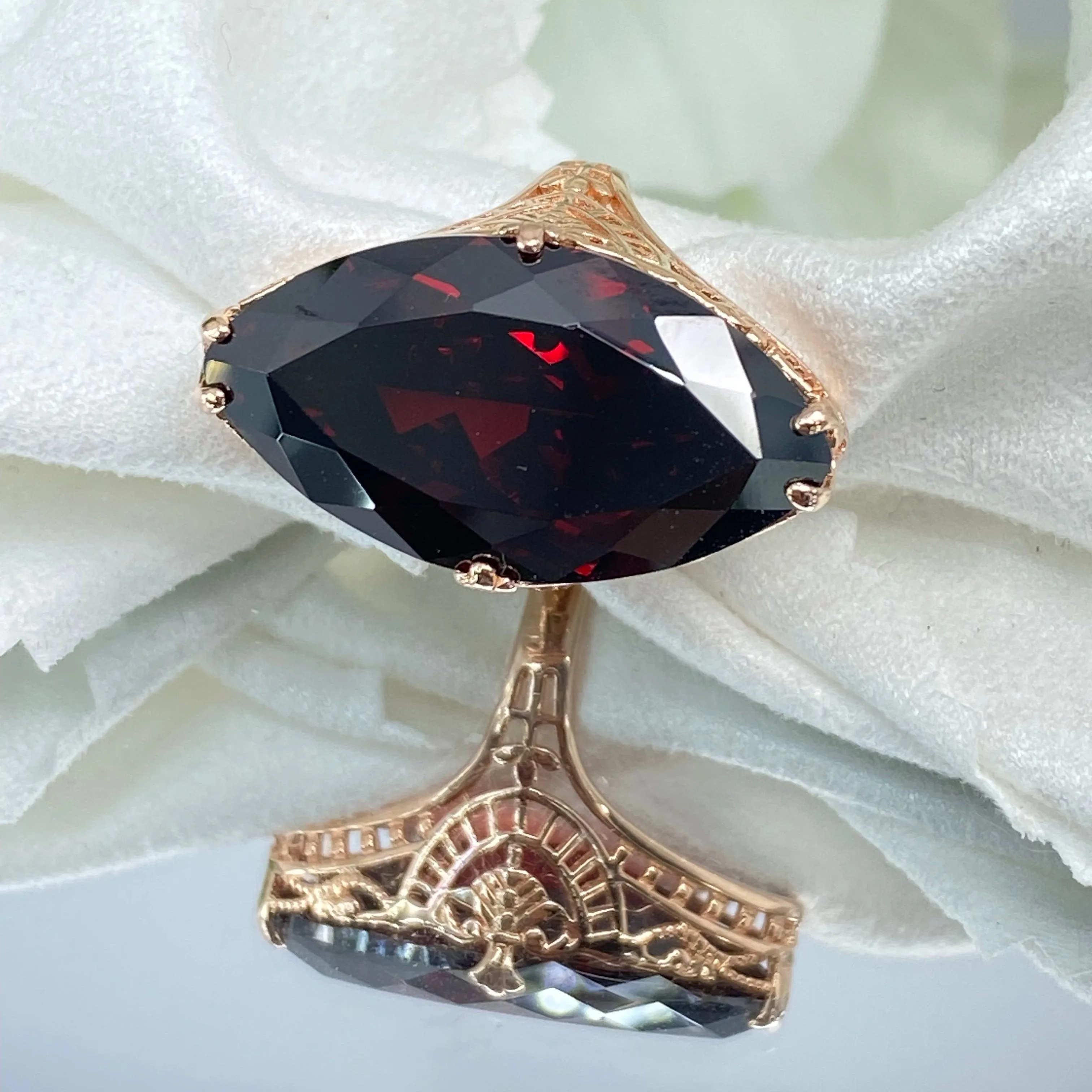 Red Garnet CZ Ring, Marquise Cut Gemstone, Rose Gold plated Victorian Filigree Jewelry #D75