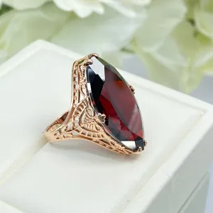 Red Garnet CZ Ring, Marquise Cut Gemstone, Rose Gold plated Victorian Filigree Jewelry #D75