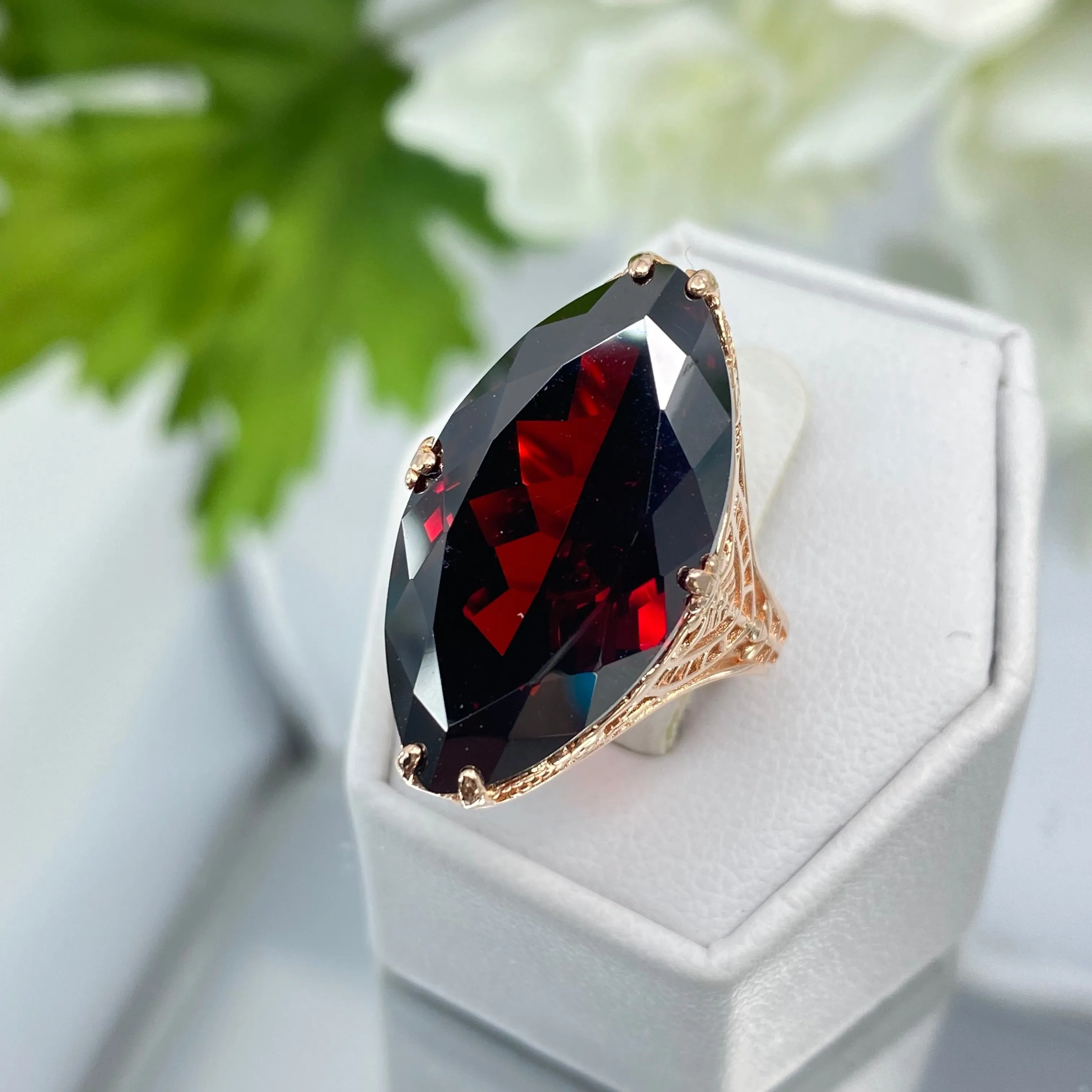 Red Garnet CZ Ring, Marquise Cut Gemstone, Rose Gold plated Victorian Filigree Jewelry #D75