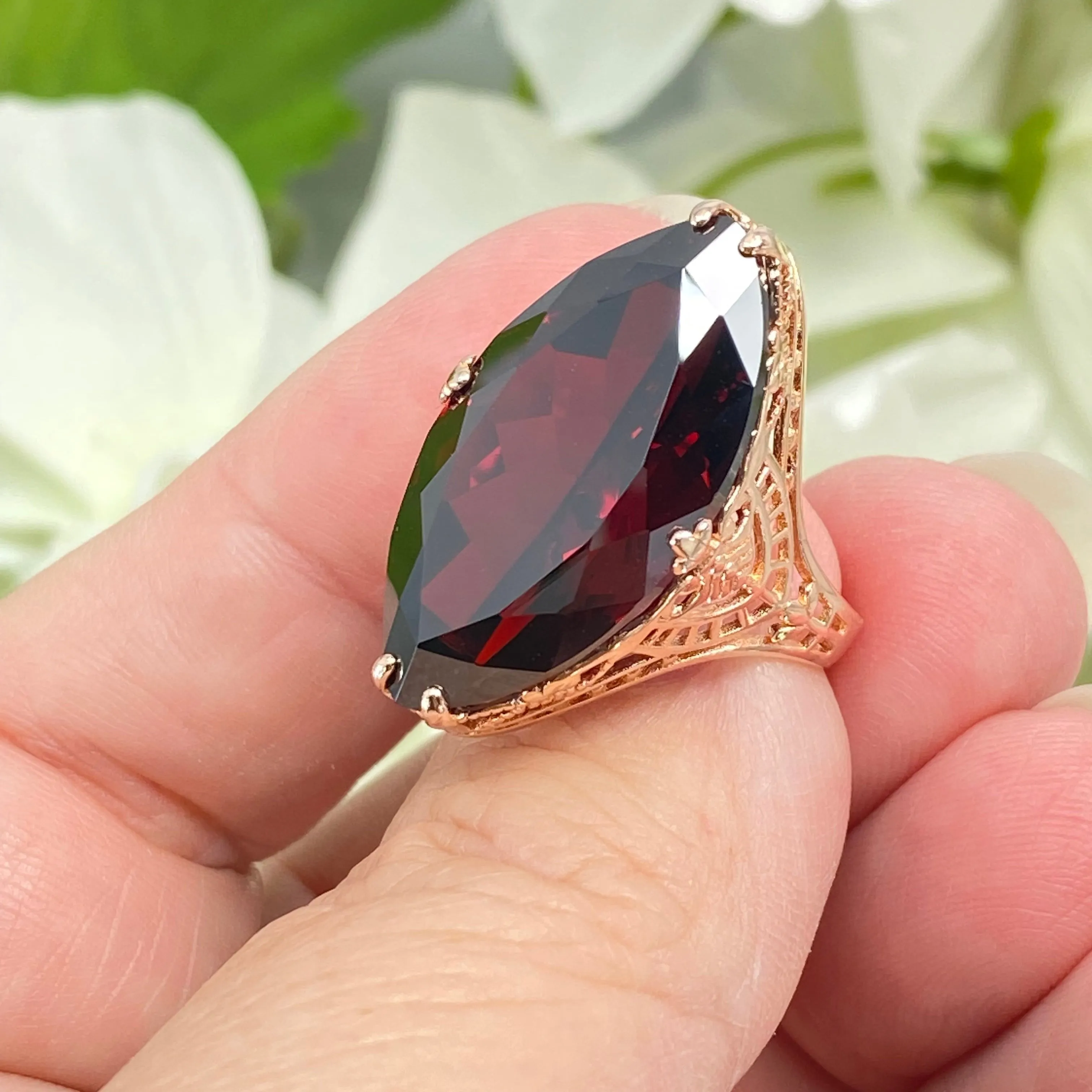 Red Garnet CZ Ring, Marquise Cut Gemstone, Rose Gold plated Victorian Filigree Jewelry #D75