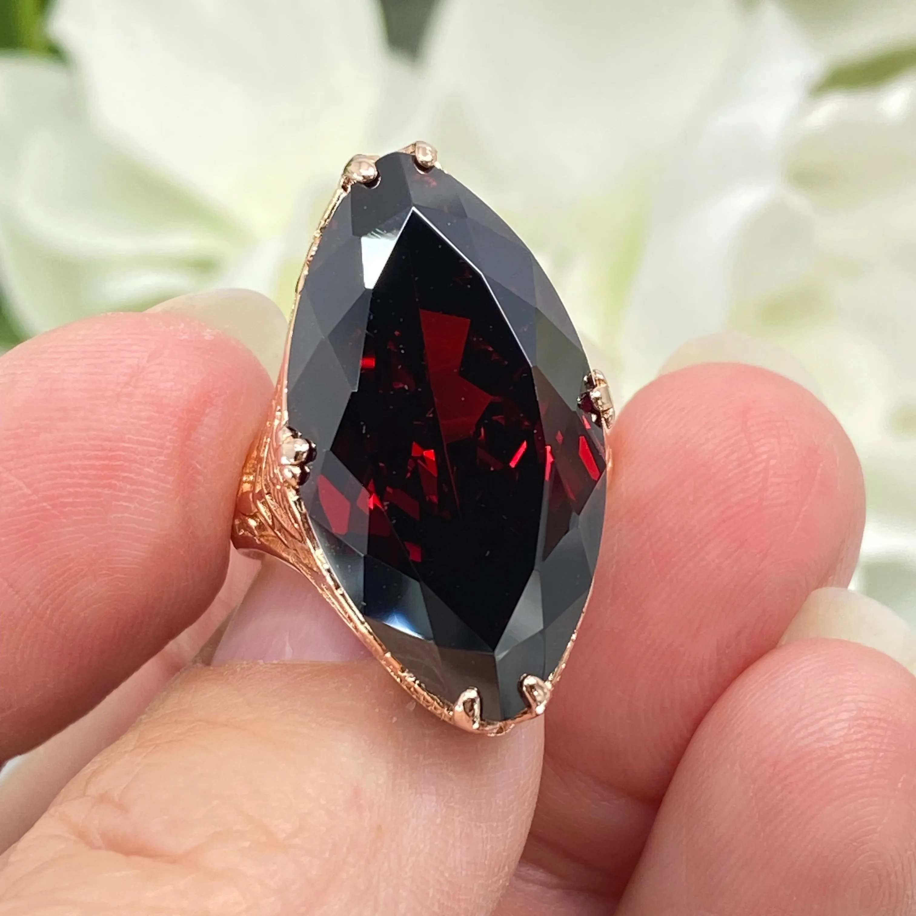 Red Garnet CZ Ring, Marquise Cut Gemstone, Rose Gold plated Victorian Filigree Jewelry #D75