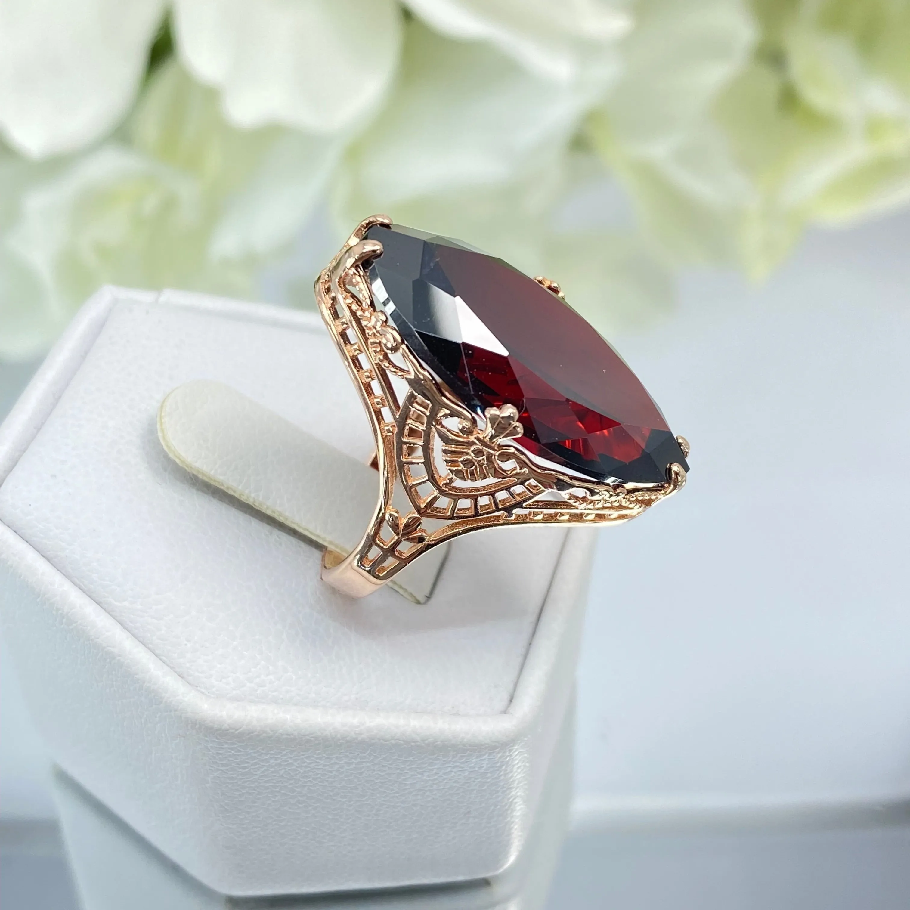 Red Garnet CZ Ring, Marquise Cut Gemstone, Rose Gold plated Victorian Filigree Jewelry #D75