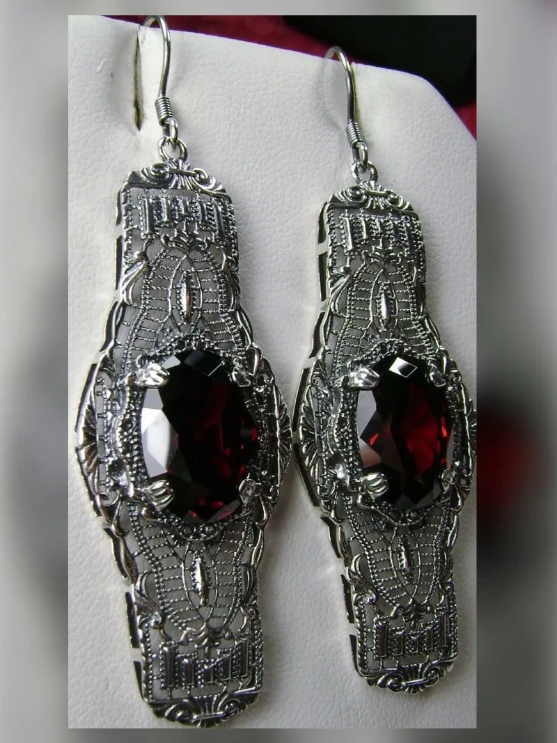 Red Garnet Earrings, Simulated or Natural Gems, Oval Castle, Elegant Vintage Jewelry #E4