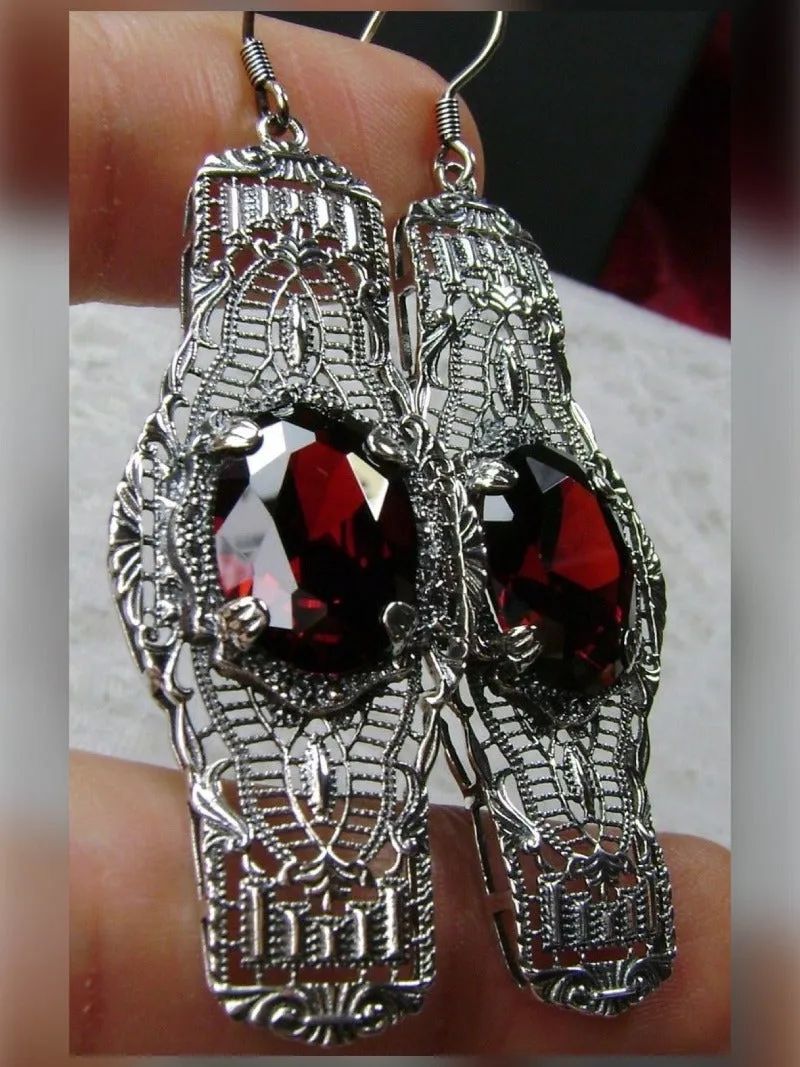 Red Garnet Earrings, Simulated or Natural Gems, Oval Castle, Elegant Vintage Jewelry #E4