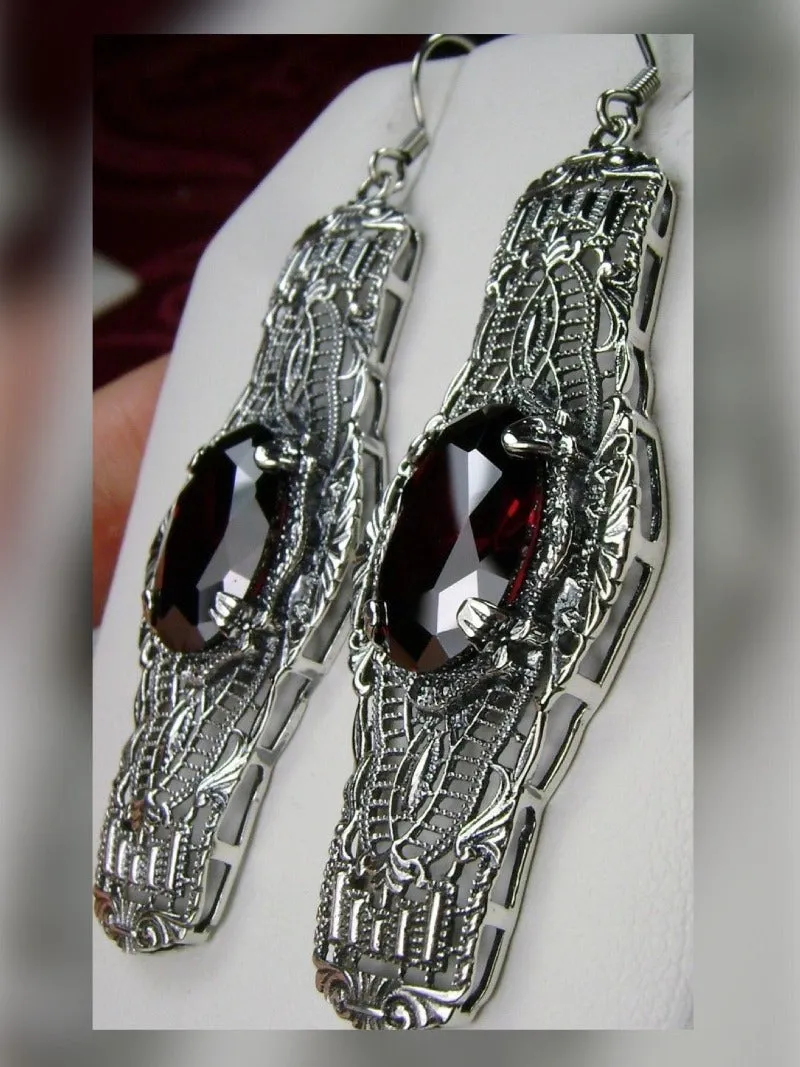 Red Garnet Earrings, Simulated or Natural Gems, Oval Castle, Elegant Vintage Jewelry #E4