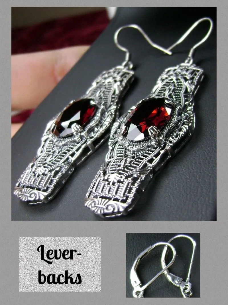Red Garnet Earrings, Simulated or Natural Gems, Oval Castle, Elegant Vintage Jewelry #E4
