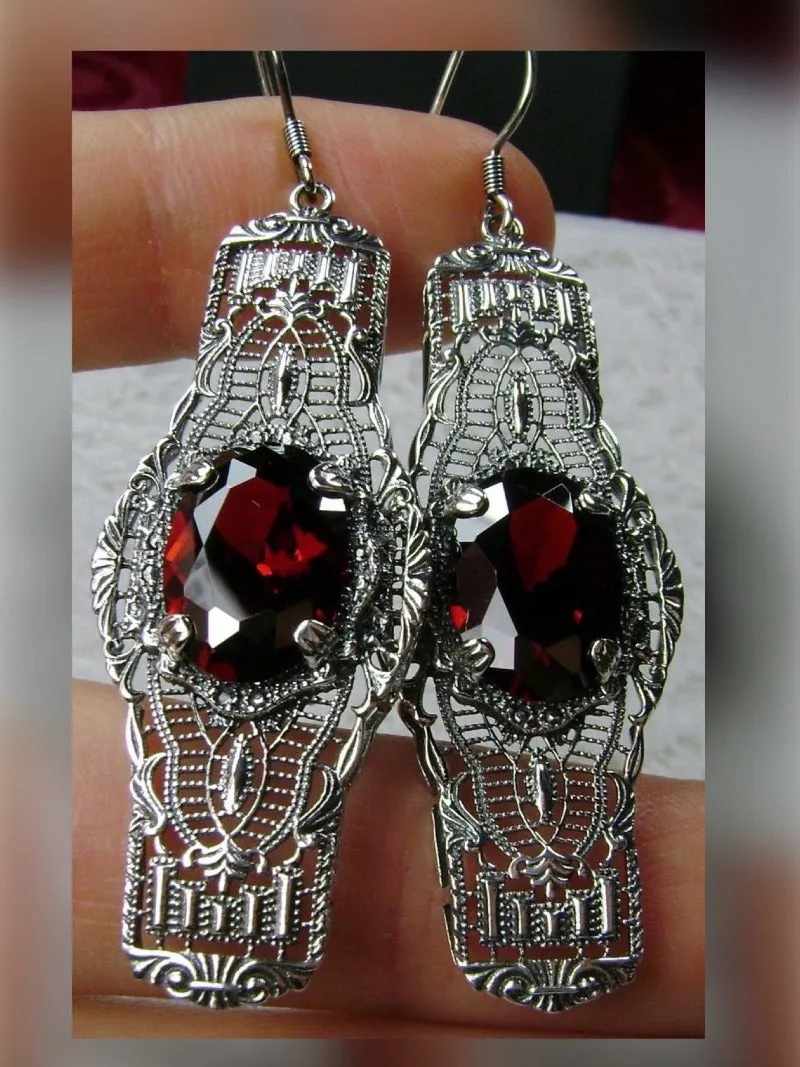 Red Garnet Earrings, Simulated or Natural Gems, Oval Castle, Elegant Vintage Jewelry #E4