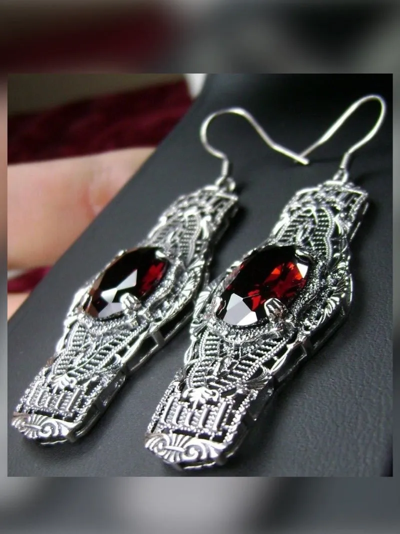 Red Garnet Earrings, Simulated or Natural Gems, Oval Castle, Elegant Vintage Jewelry #E4