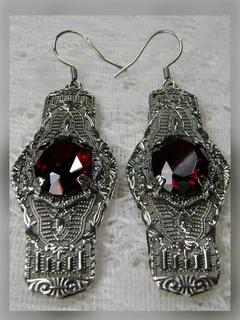 Red Garnet Earrings, Simulated or Natural Gems, Oval Castle, Elegant Vintage Jewelry #E4