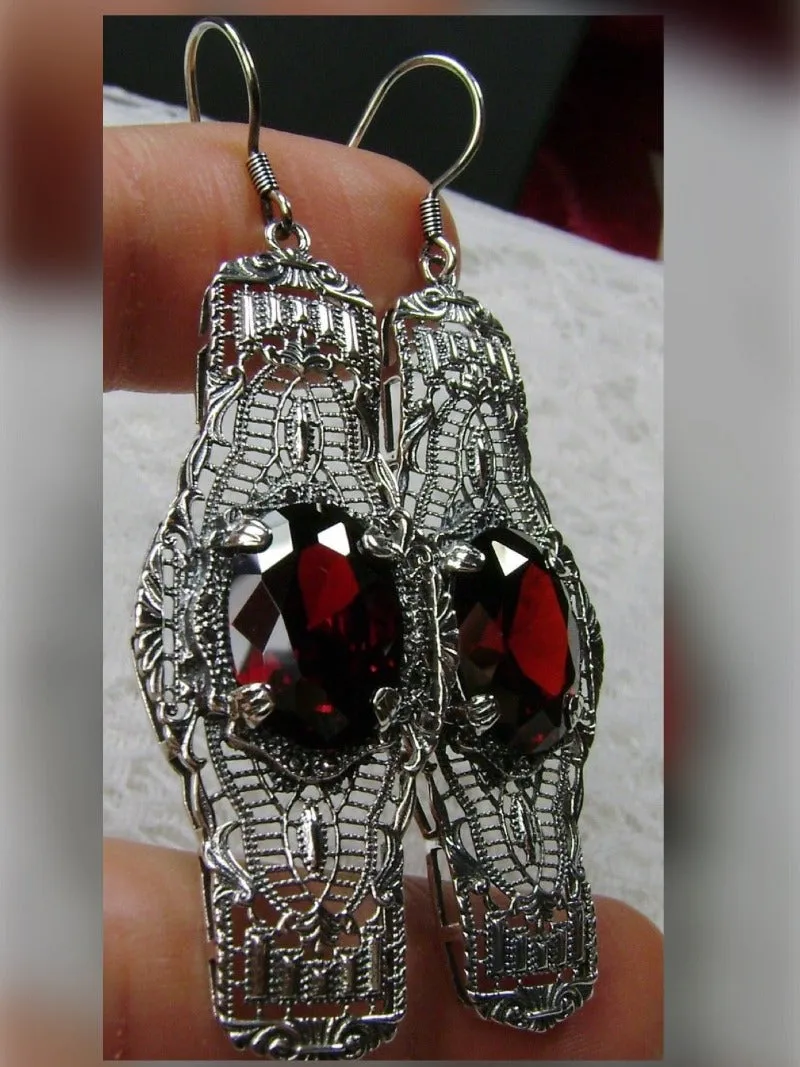 Red Garnet Earrings, Simulated or Natural Gems, Oval Castle, Elegant Vintage Jewelry #E4