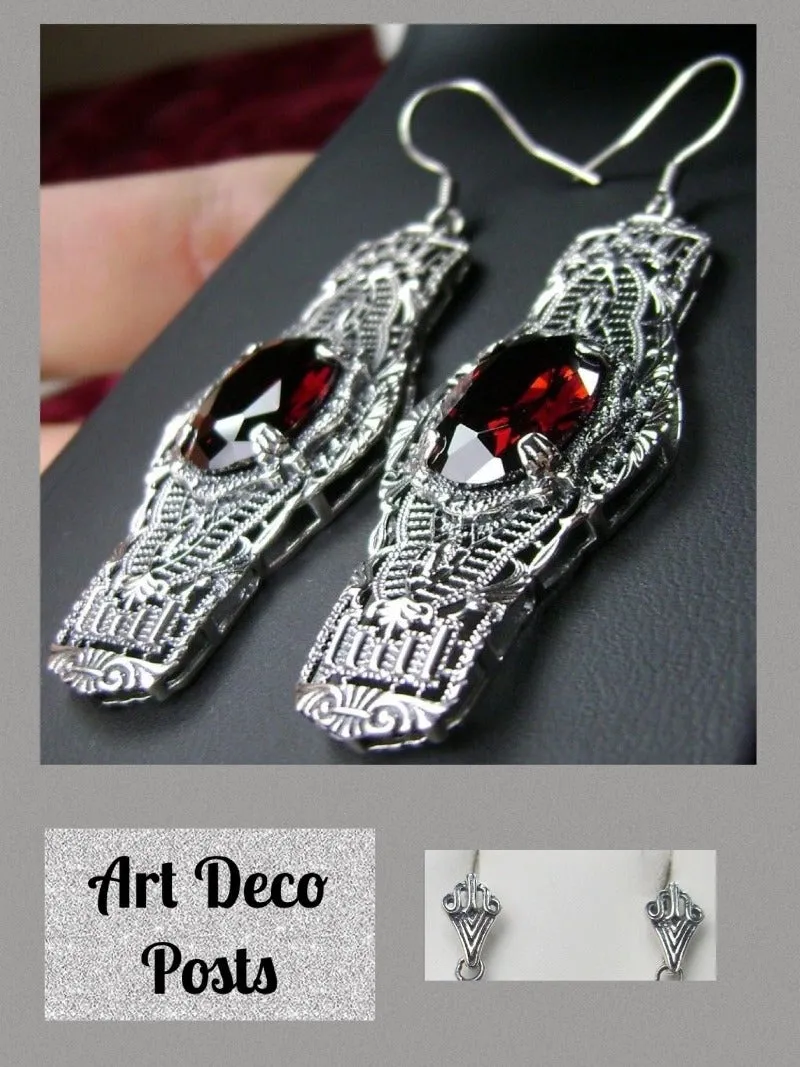Red Garnet Earrings, Simulated or Natural Gems, Oval Castle, Elegant Vintage Jewelry #E4