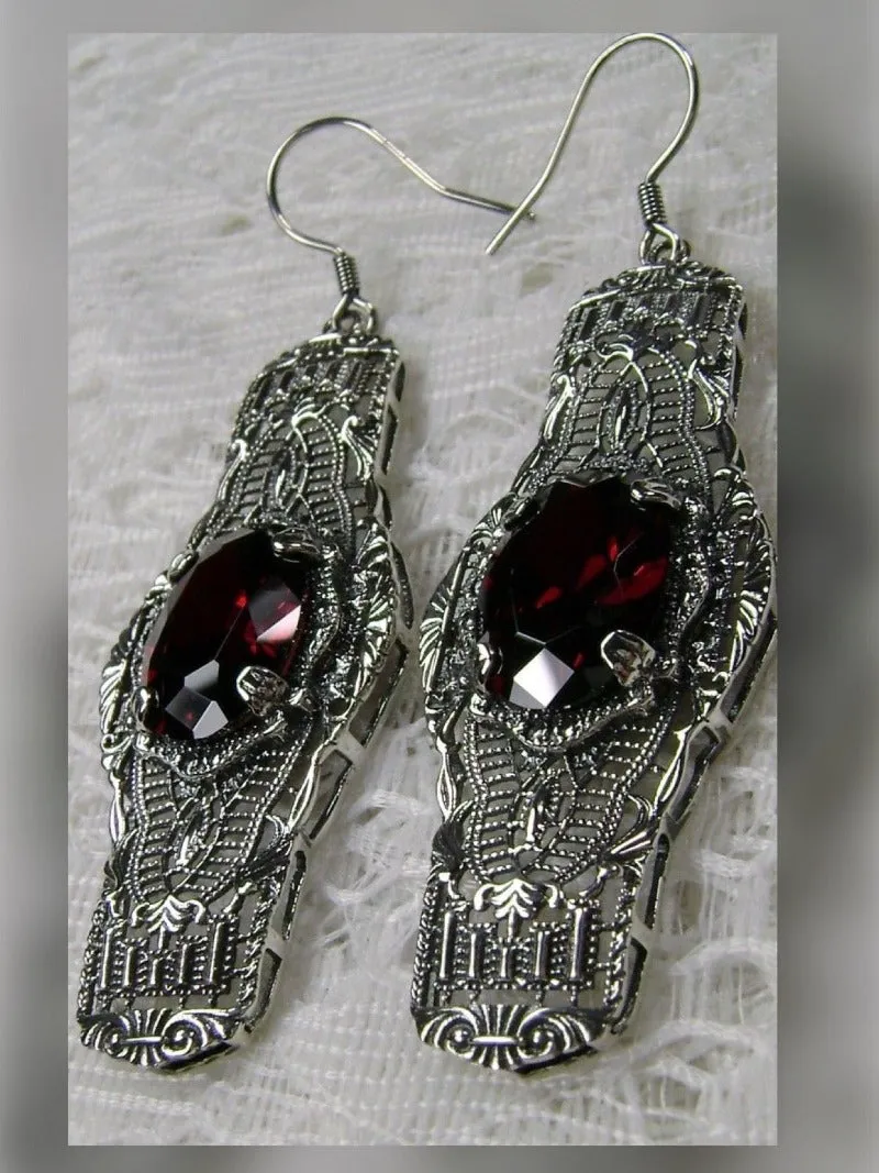 Red Garnet Earrings, Simulated or Natural Gems, Oval Castle, Elegant Vintage Jewelry #E4