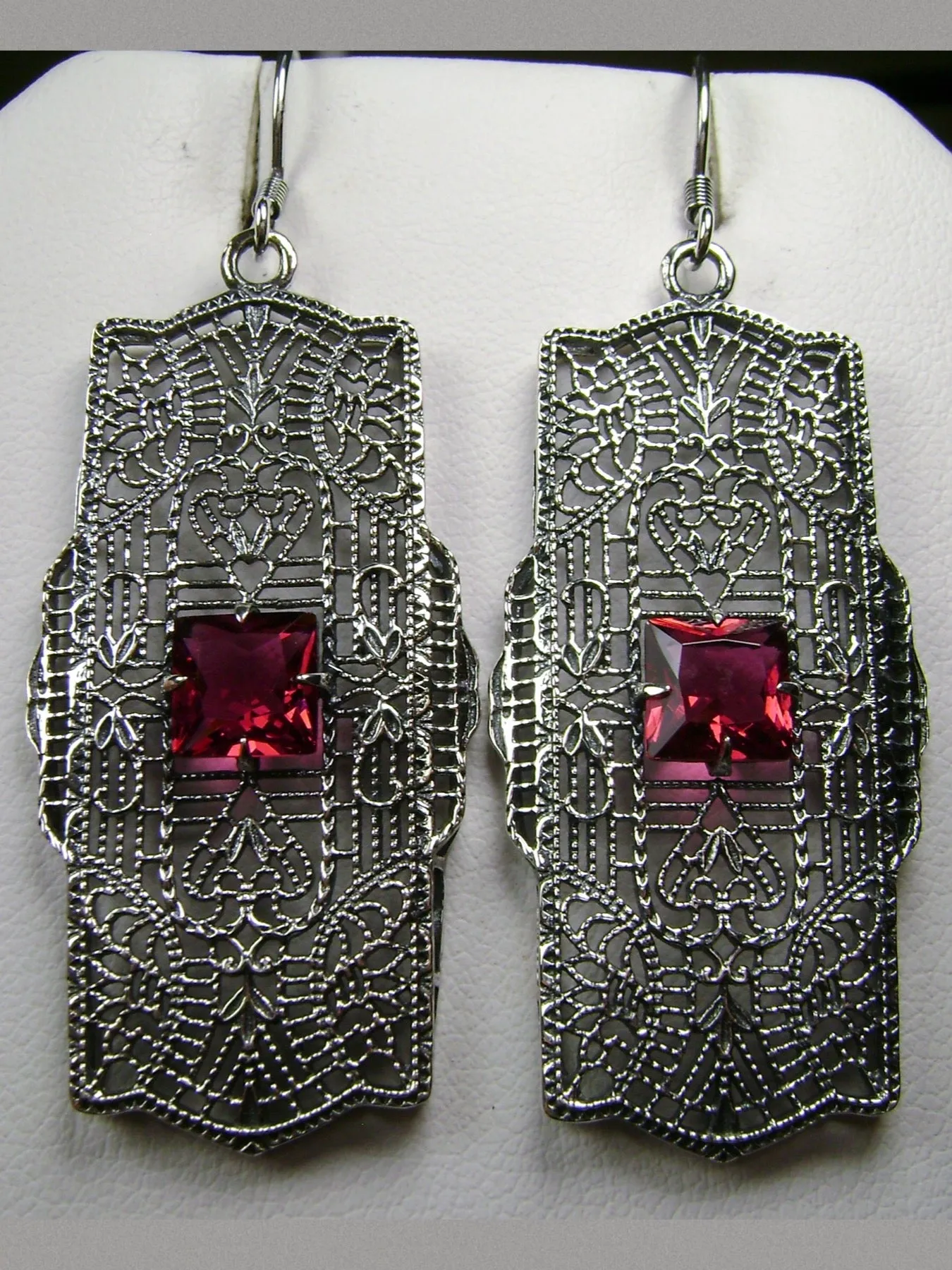 Red Ruby Earrings Sterling Silver Art Deco 1920's Jewelry #E26