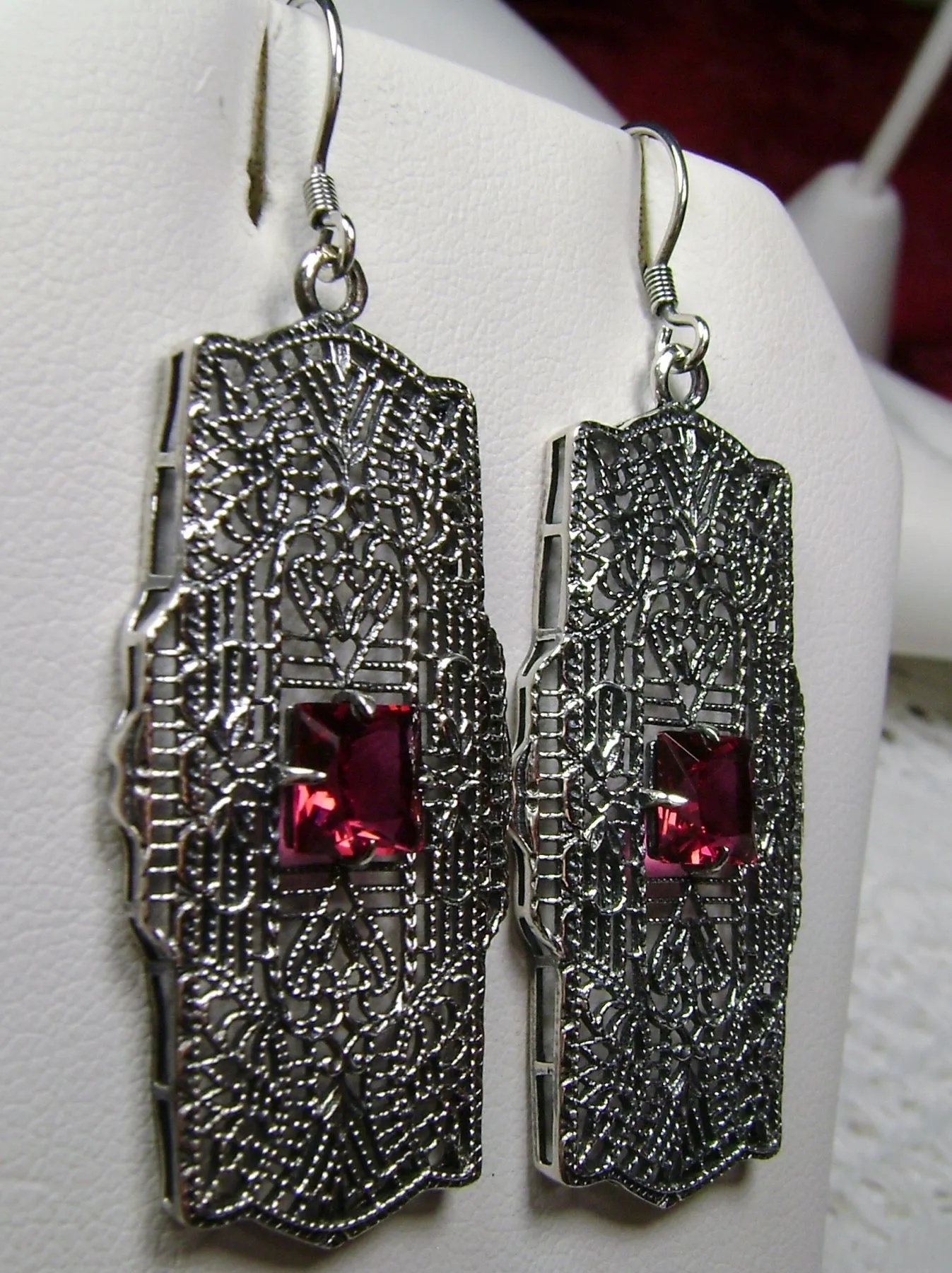 Red Ruby Earrings Sterling Silver Art Deco 1920's Jewelry #E26