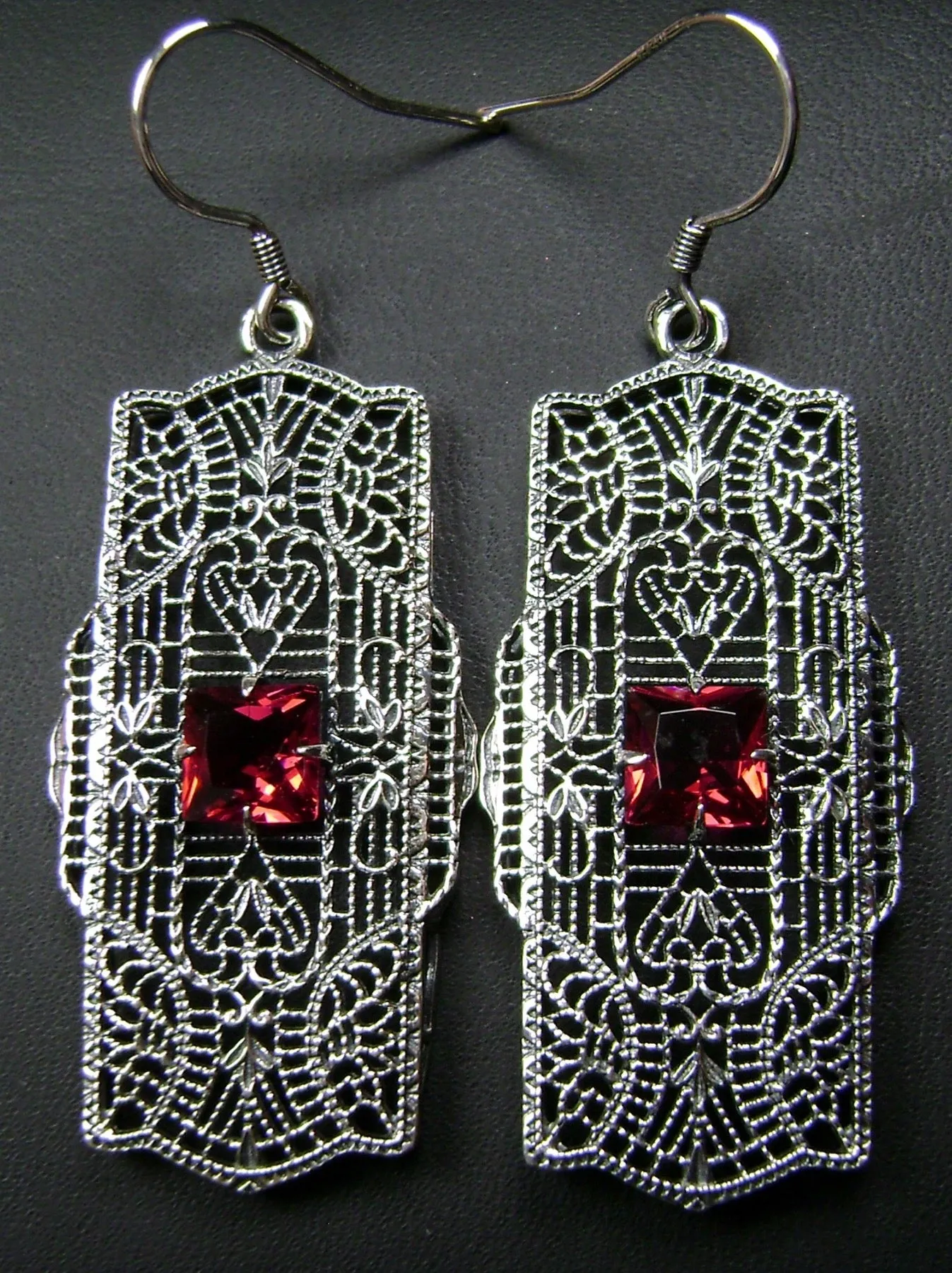 Red Ruby Earrings Sterling Silver Art Deco 1920's Jewelry #E26