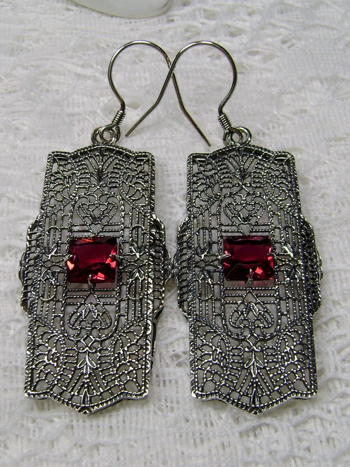 Red Ruby Earrings Sterling Silver Art Deco 1920's Jewelry #E26