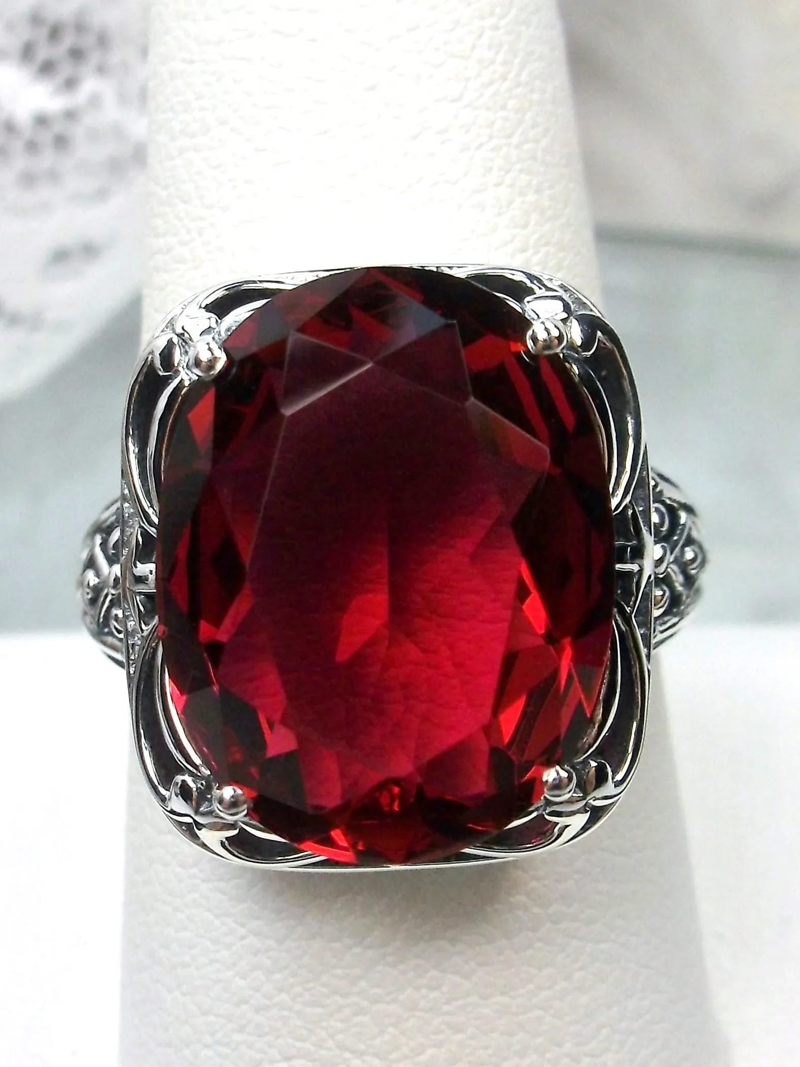 Red Ruby Ring, Oval Gemstone, Retro Swirl Filigree, Art Deco Vintage Jewelry, D119