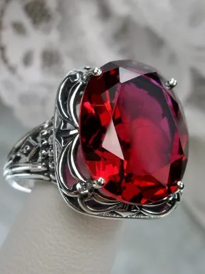 Red Ruby Ring, Oval Gemstone, Retro Swirl Filigree, Art Deco Vintage Jewelry, D119