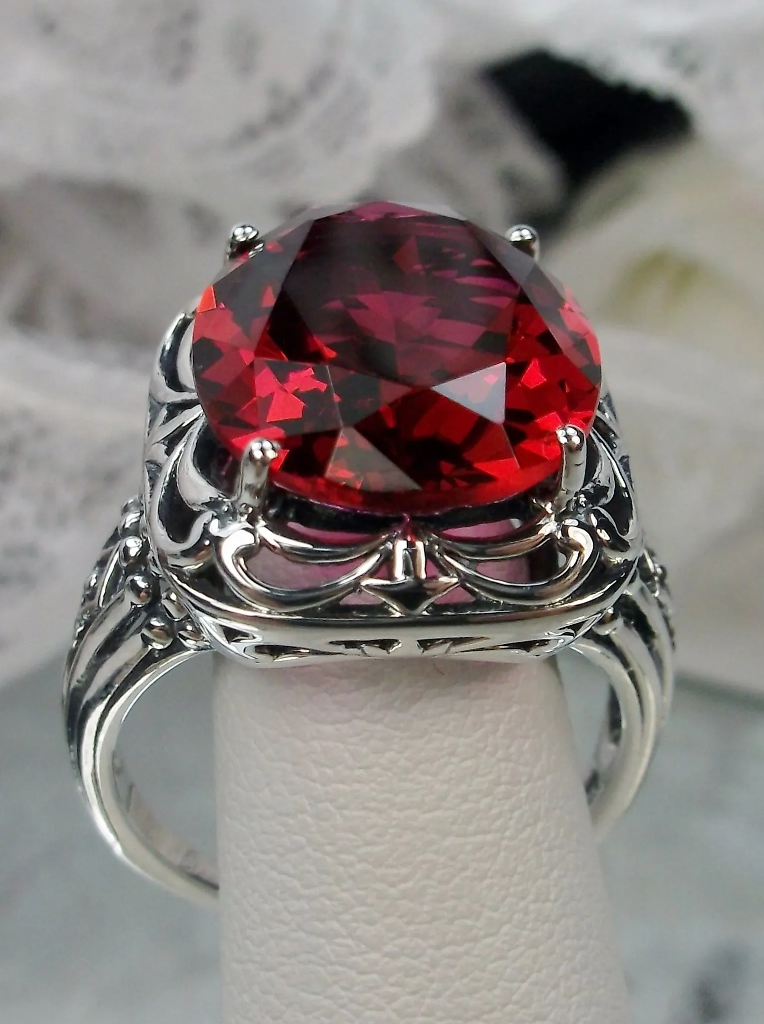 Red Ruby Ring, Oval Gemstone, Retro Swirl Filigree, Art Deco Vintage Jewelry, D119