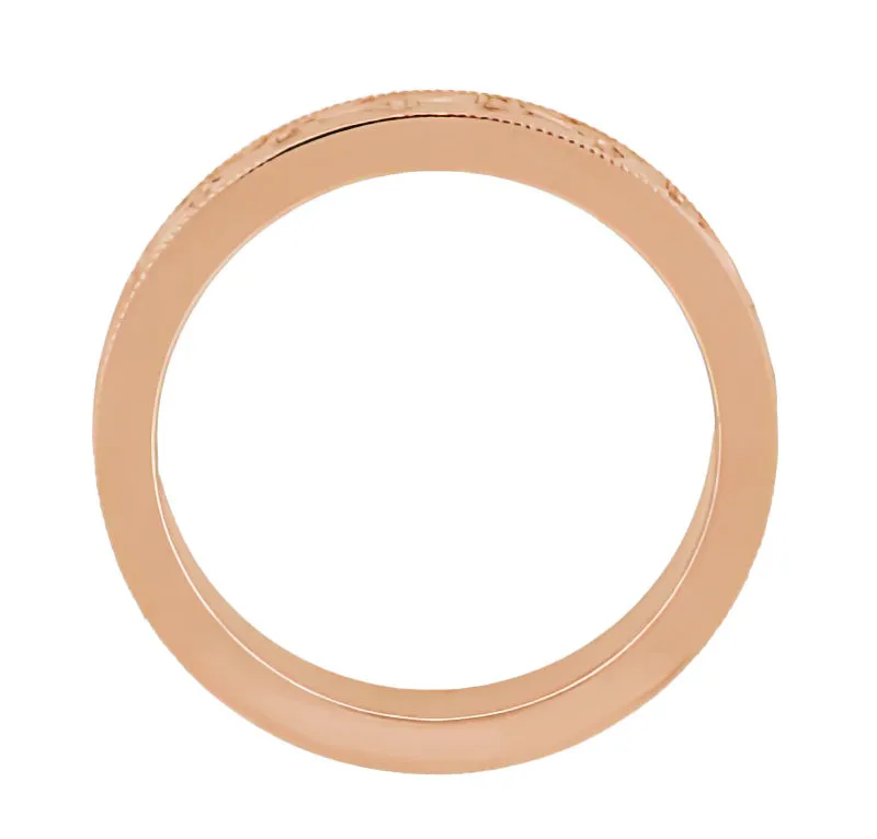 Rose Gold Art Deco Engraved Floral Fan Wedding Band with Millgrain Edges - 4mm Wide