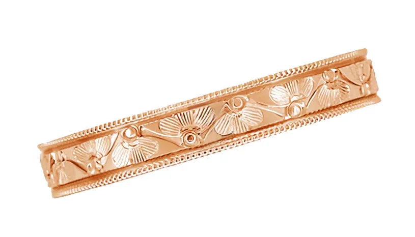 Rose Gold Art Deco Engraved Floral Fan Wedding Band with Millgrain Edges - 4mm Wide