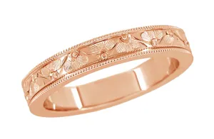 Rose Gold Art Deco Engraved Floral Fan Wedding Band with Millgrain Edges - 4mm Wide