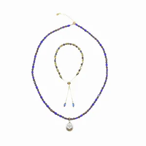 Royal Blue Elegance Faux Pearl Pendant Necklace and Bracelet Set
