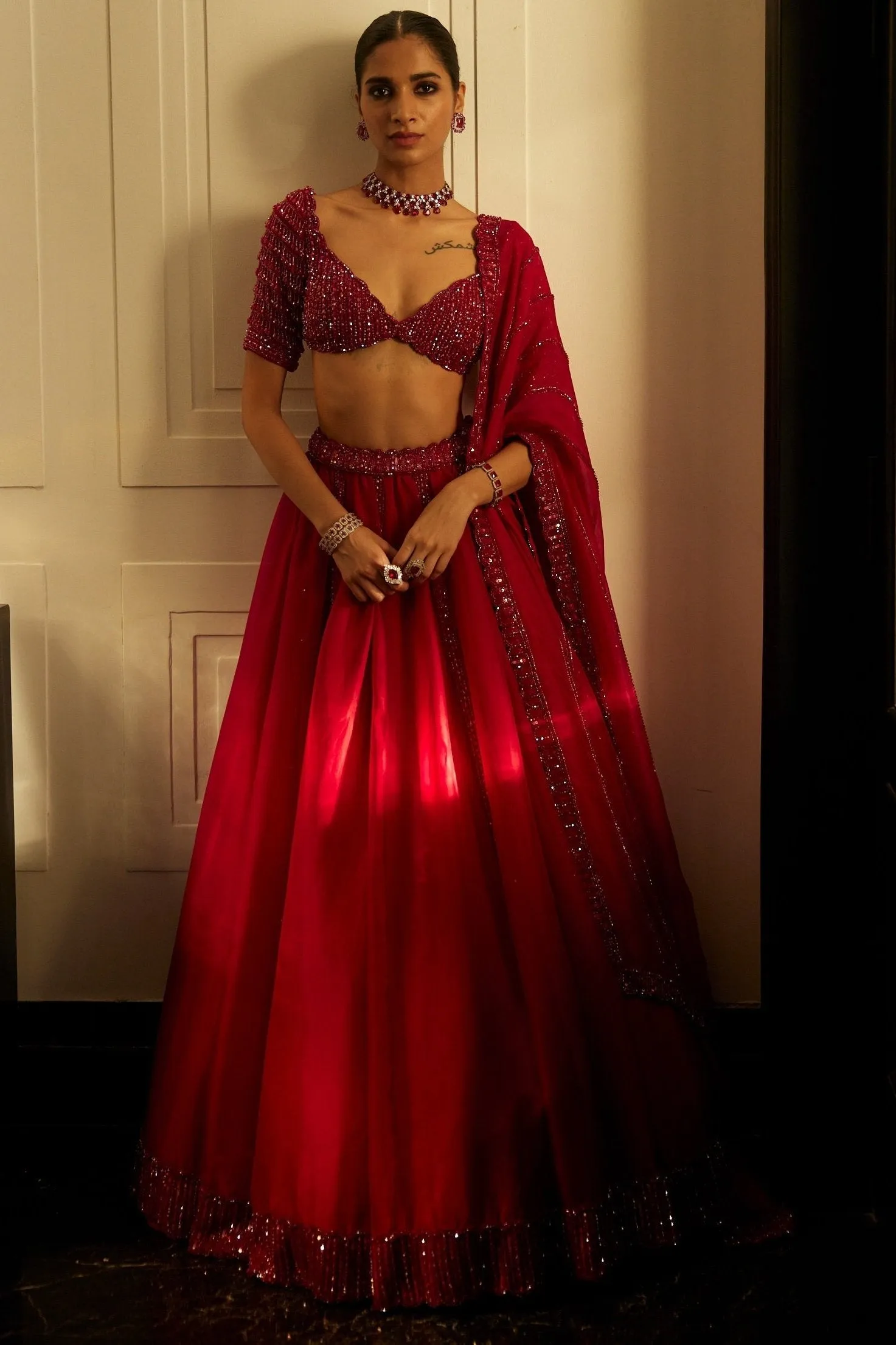 Ruby Red Organza Lehenga Set