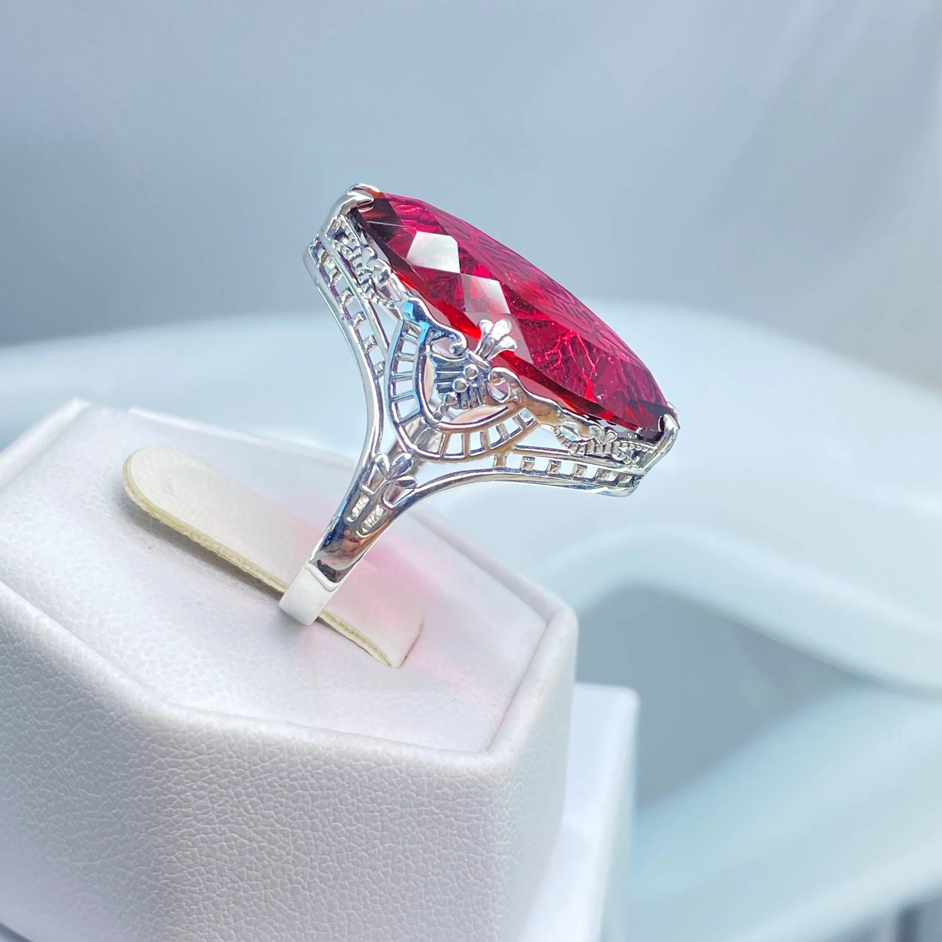 Ruby Ring, Marquise Cut Gemstone, Victorian Filigree Jewelry #D75