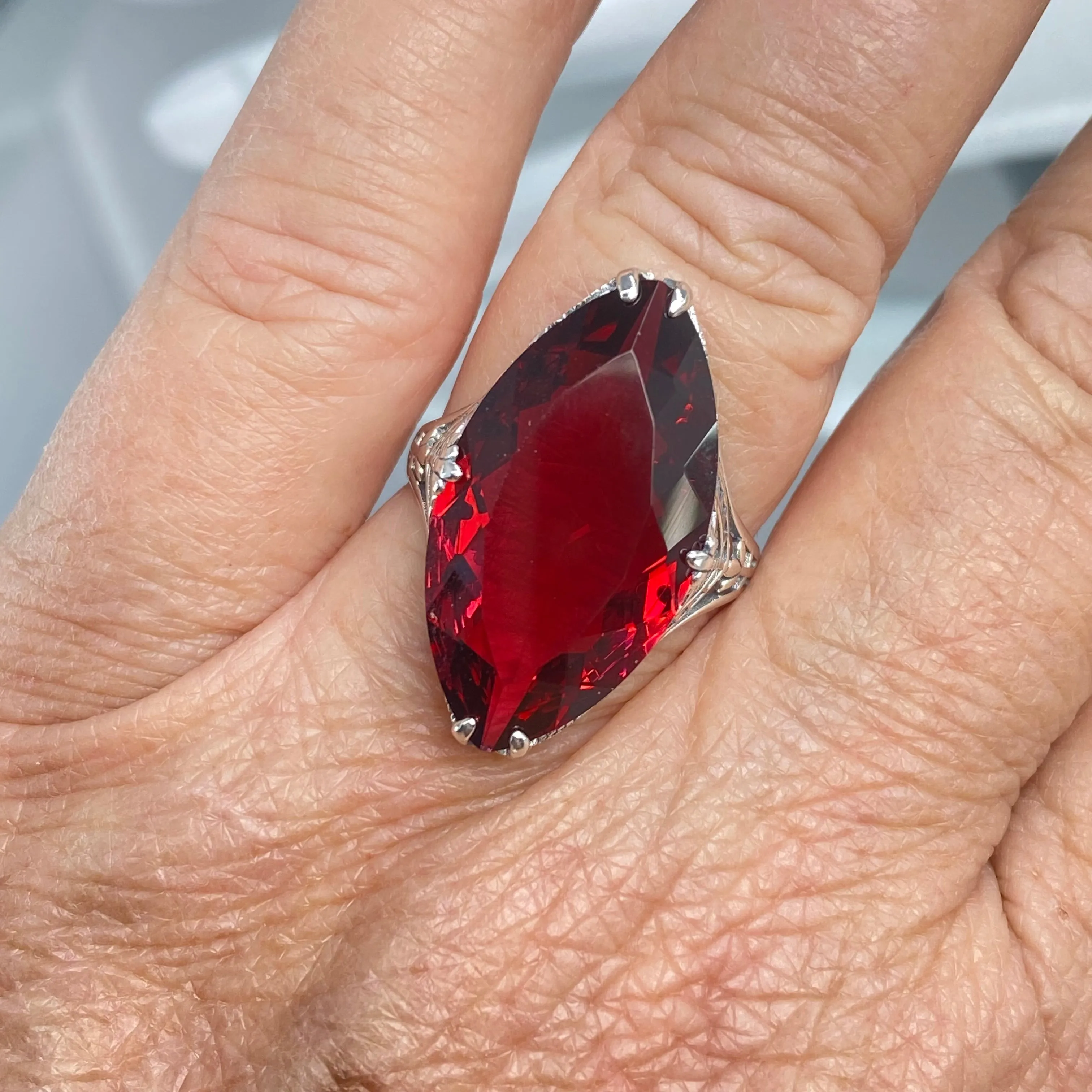 Ruby Ring, Marquise Cut Gemstone, Victorian Filigree Jewelry #D75