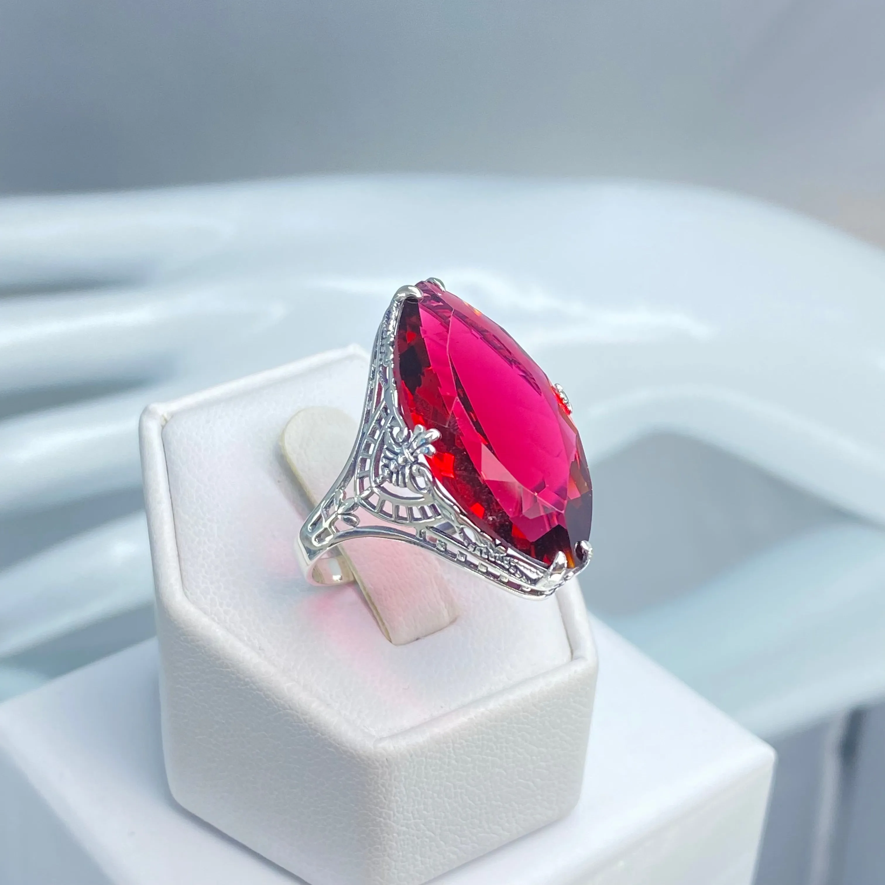 Ruby Ring, Marquise Cut Gemstone, Victorian Filigree Jewelry #D75