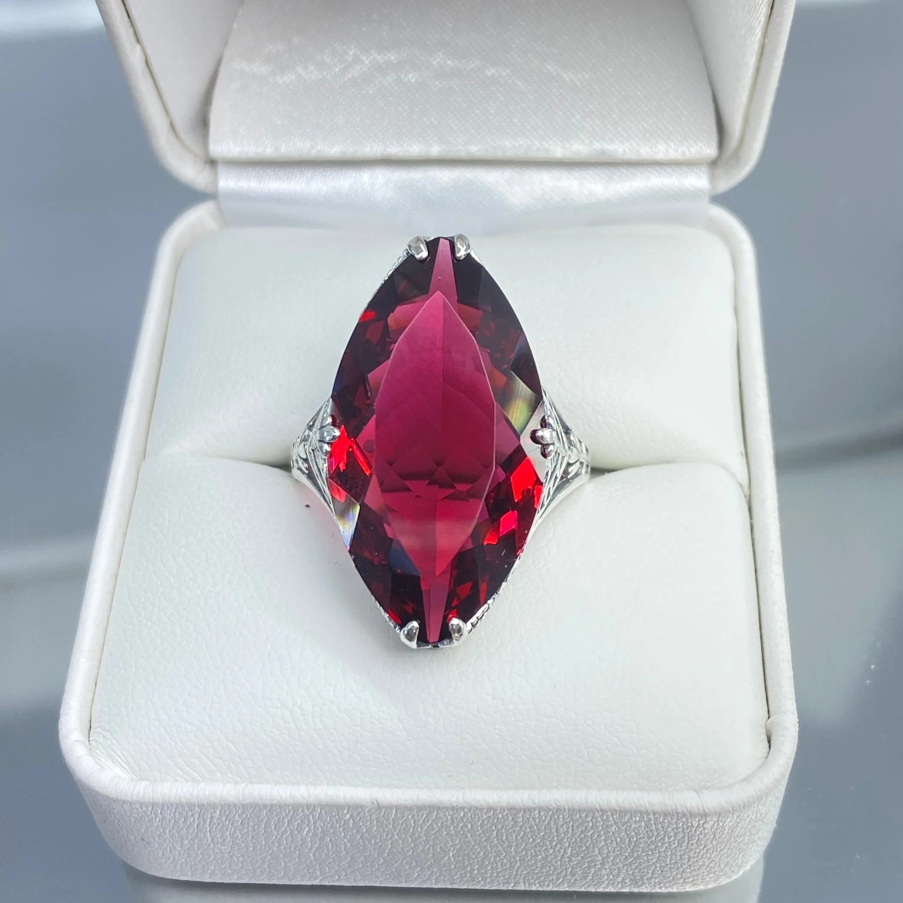 Ruby Ring, Marquise Cut Gemstone, Victorian Filigree Jewelry #D75