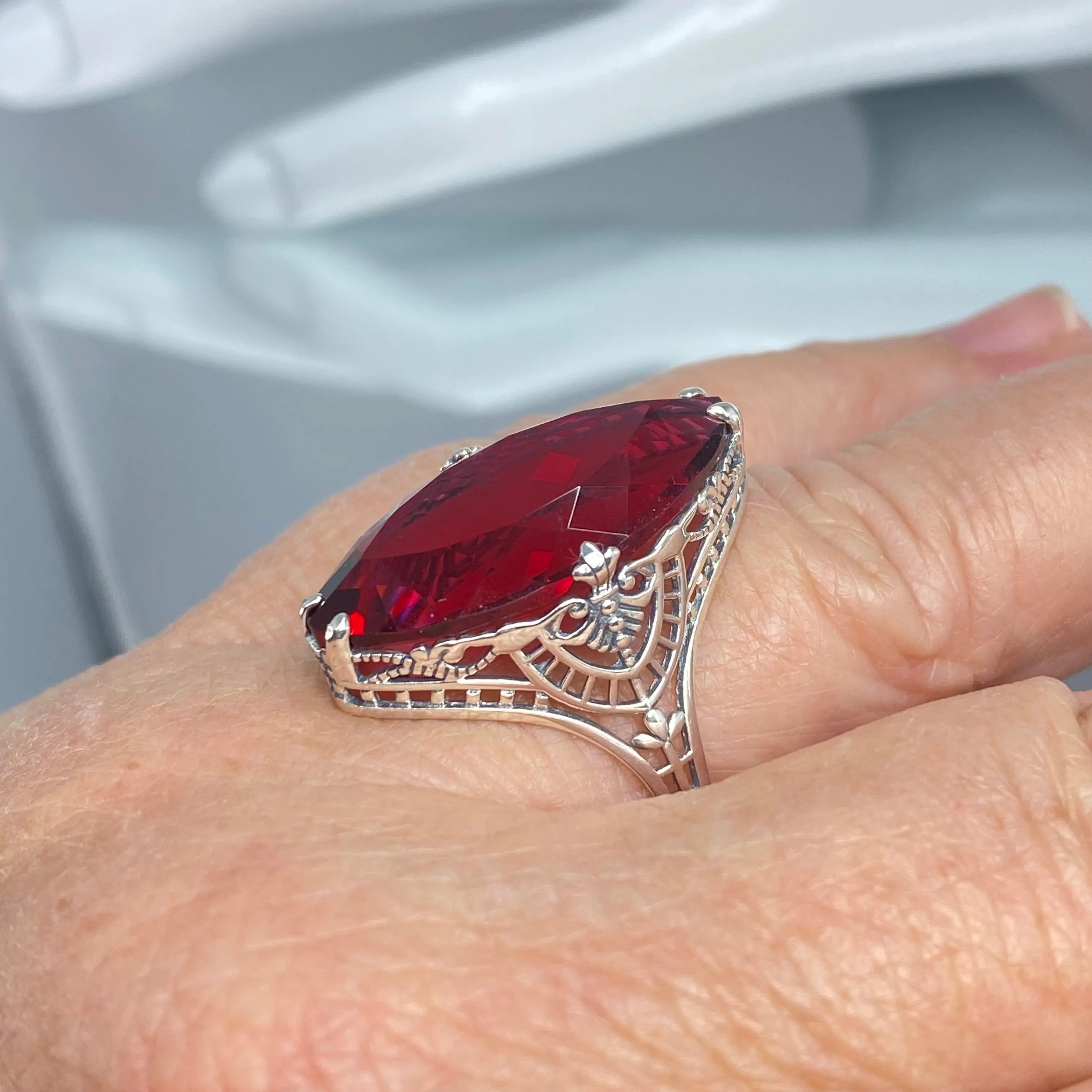 Ruby Ring, Marquise Cut Gemstone, Victorian Filigree Jewelry #D75