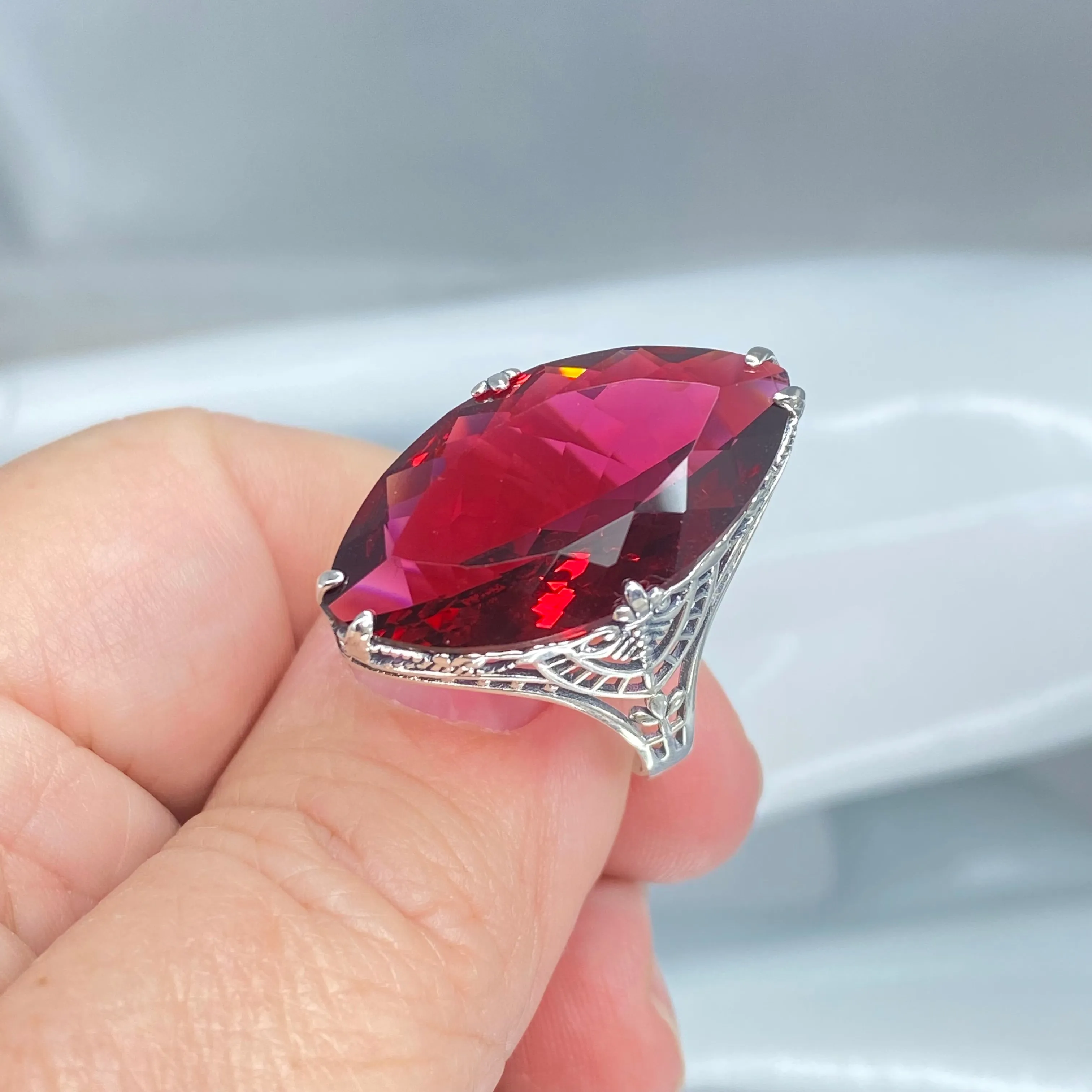 Ruby Ring, Marquise Cut Gemstone, Victorian Filigree Jewelry #D75