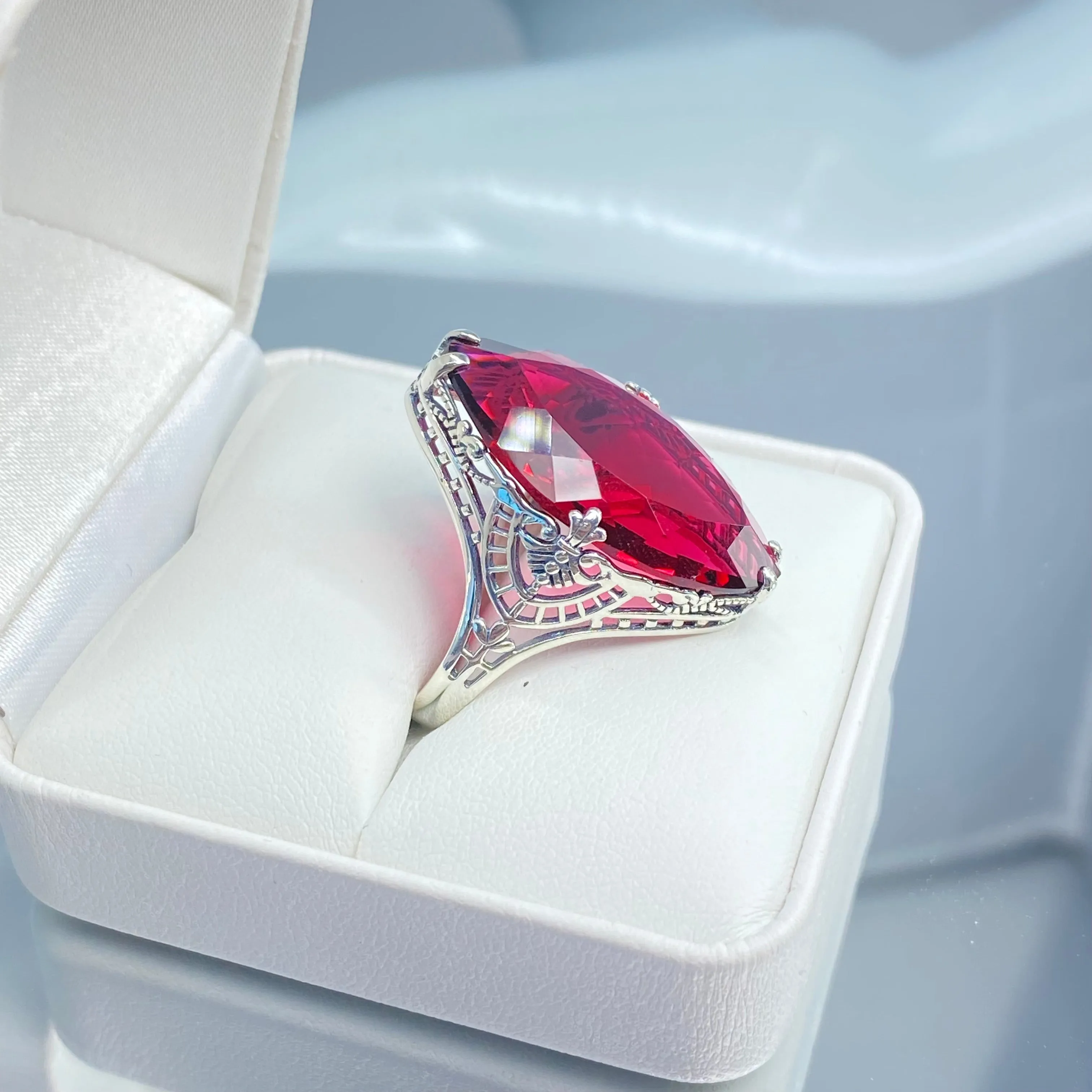 Ruby Ring, Marquise Cut Gemstone, Victorian Filigree Jewelry #D75