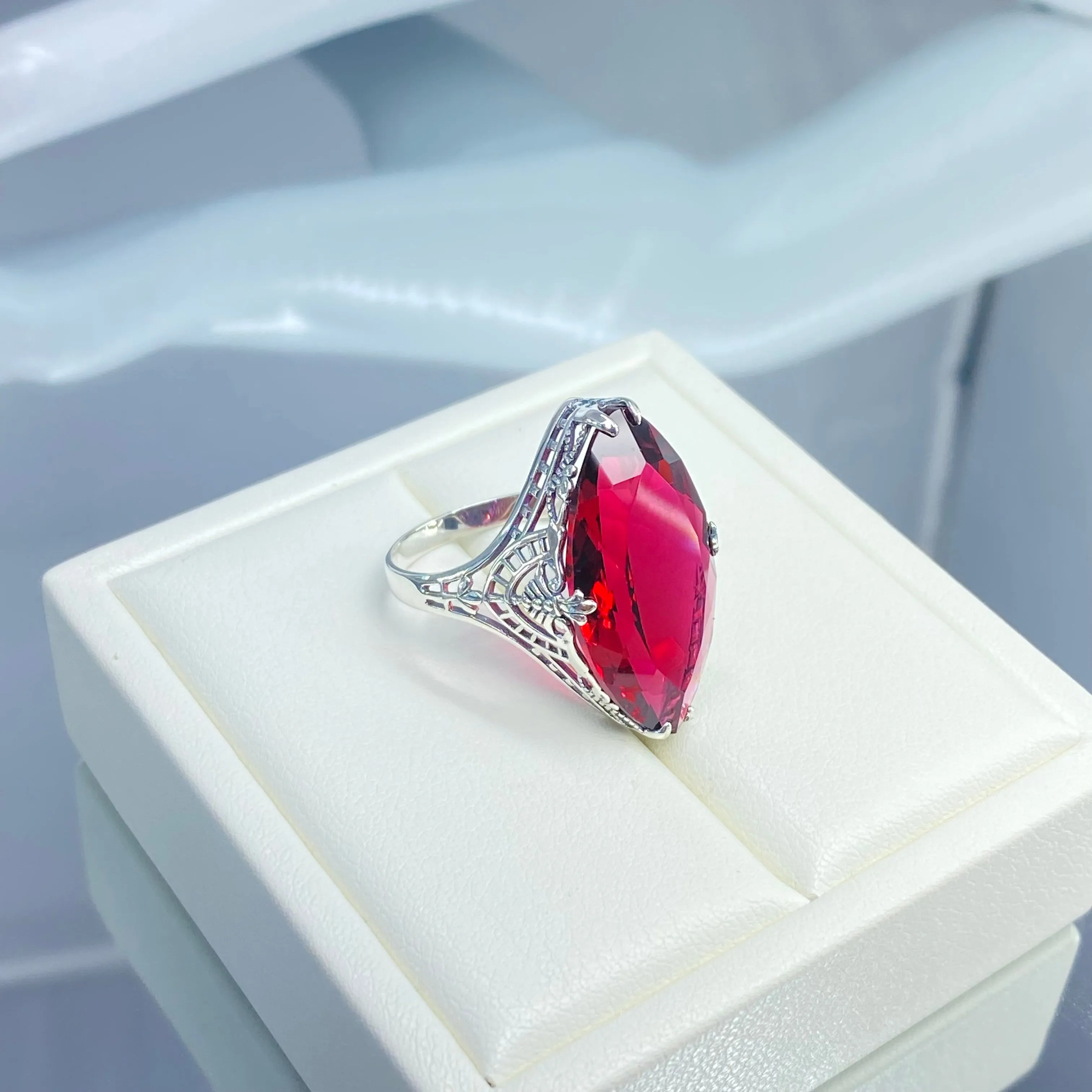 Ruby Ring, Marquise Cut Gemstone, Victorian Filigree Jewelry #D75