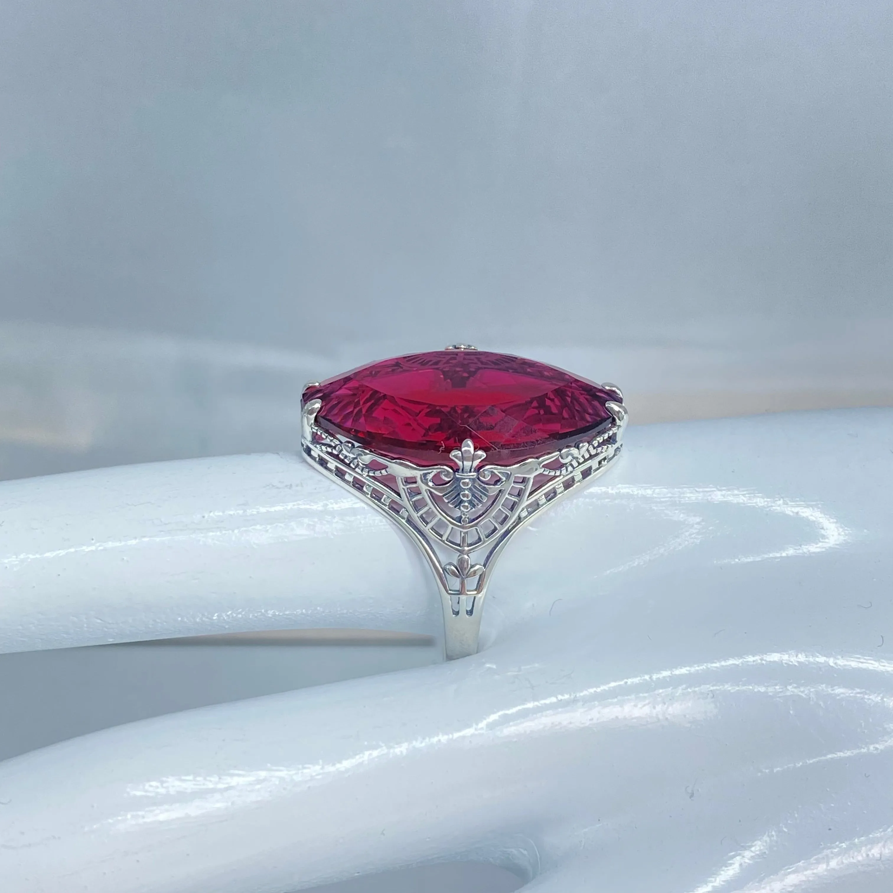 Ruby Ring, Marquise Cut Gemstone, Victorian Filigree Jewelry #D75
