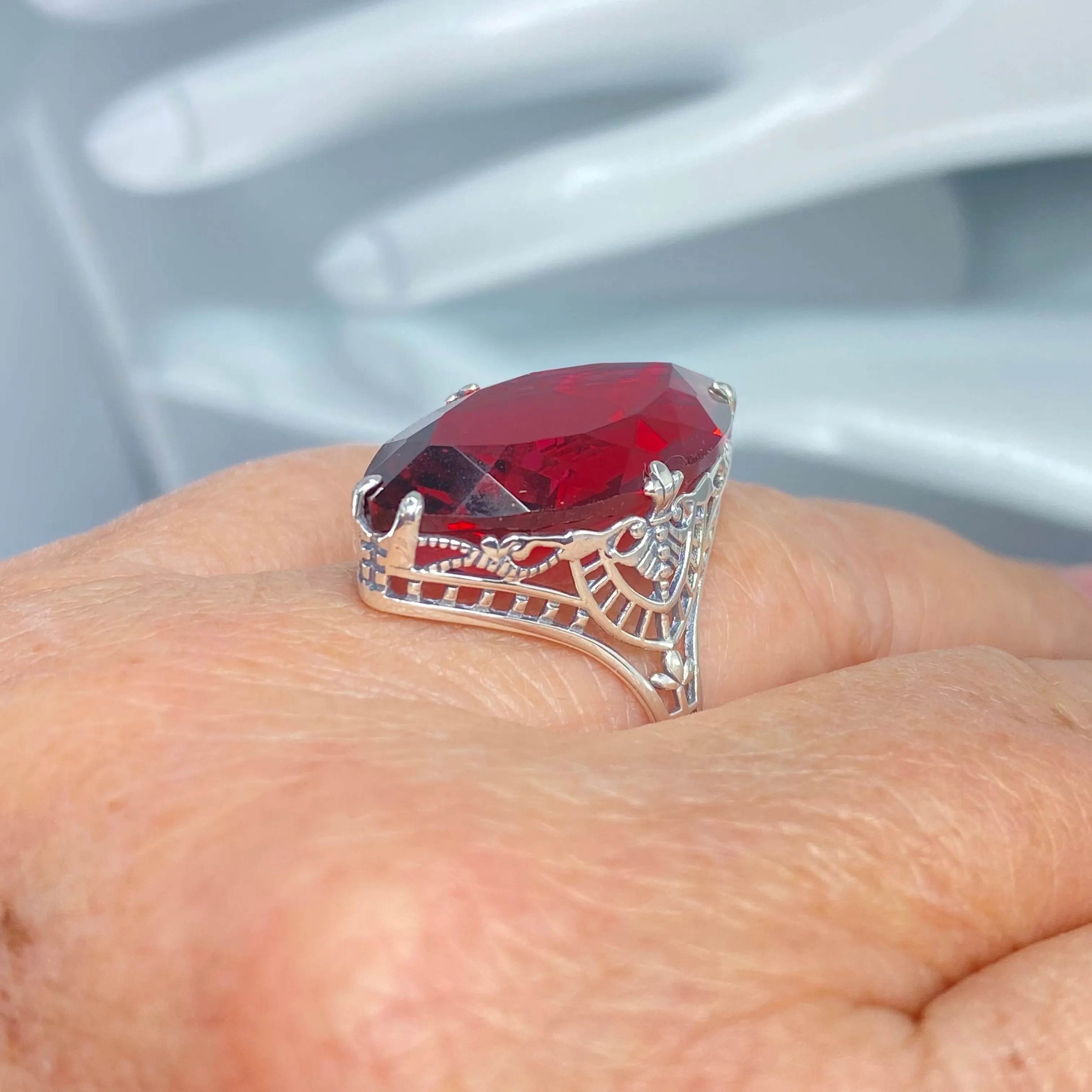 Ruby Ring, Marquise Cut Gemstone, Victorian Filigree Jewelry #D75