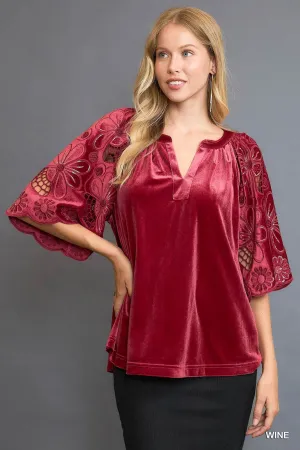 Schwartz Split Neck Velvet Top - Wine