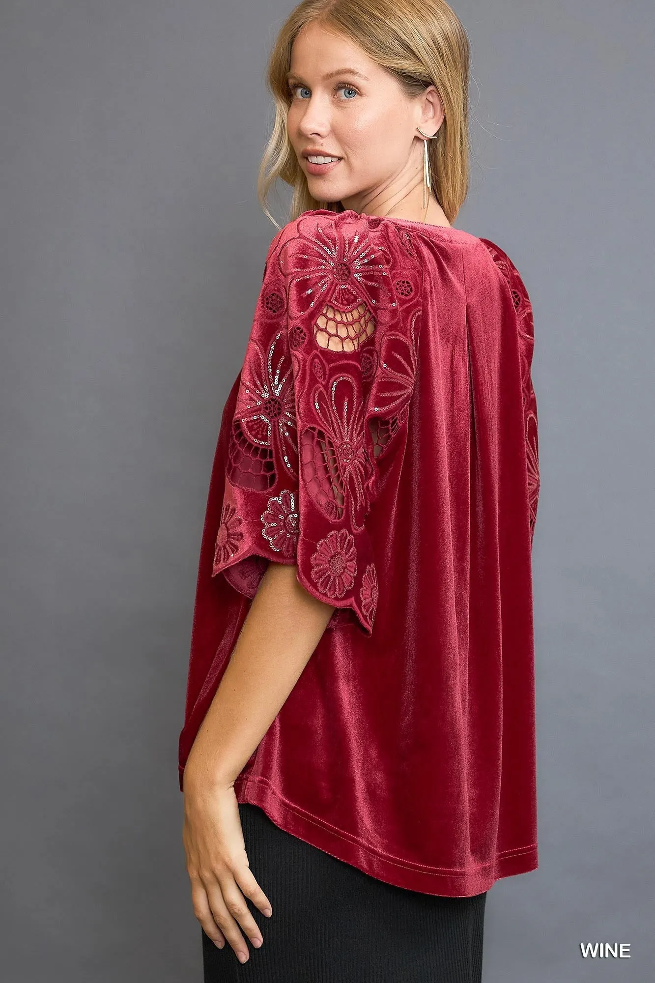Schwartz Split Neck Velvet Top - Wine
