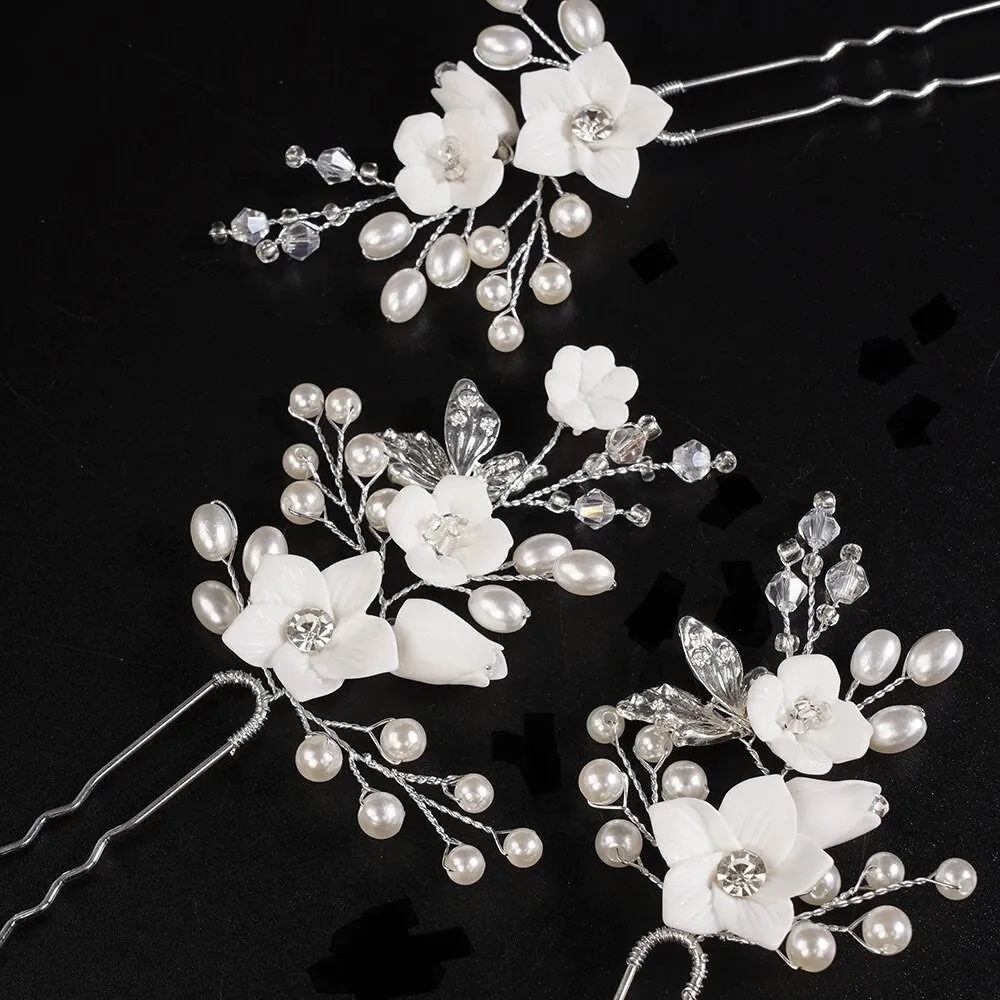 Set of 3 Flower Hairpins or Bridal Earrings, Wedding U-Shaped Floral Hairpins or Crystal Dangle Earrings