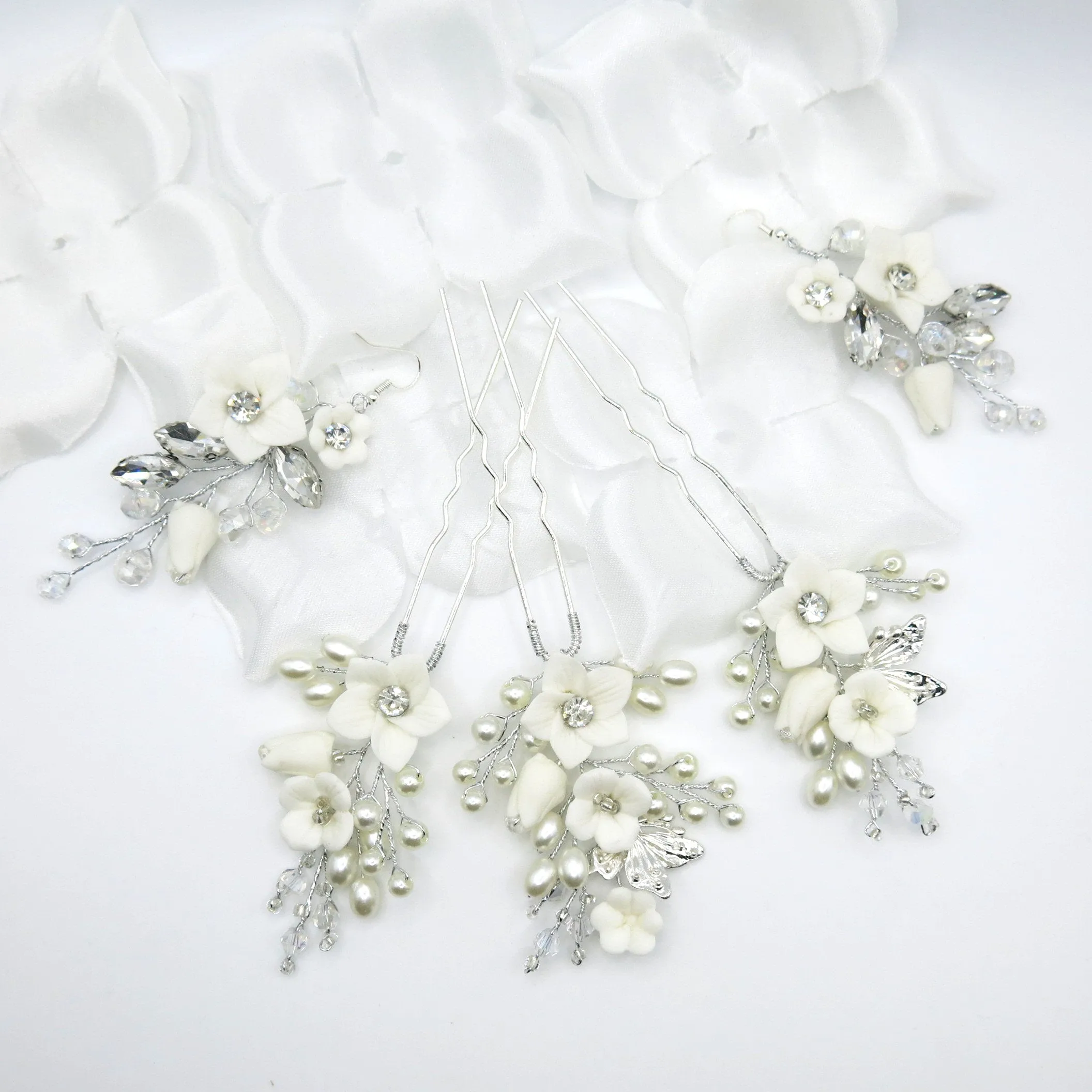 Set of 3 Flower Hairpins or Bridal Earrings, Wedding U-Shaped Floral Hairpins or Crystal Dangle Earrings