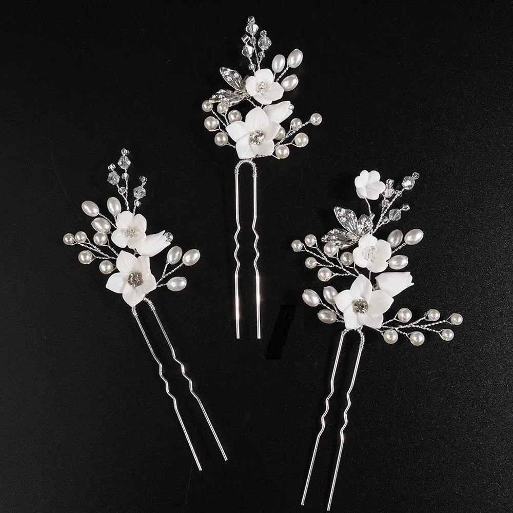 Set of 3 Flower Hairpins or Bridal Earrings, Wedding U-Shaped Floral Hairpins or Crystal Dangle Earrings
